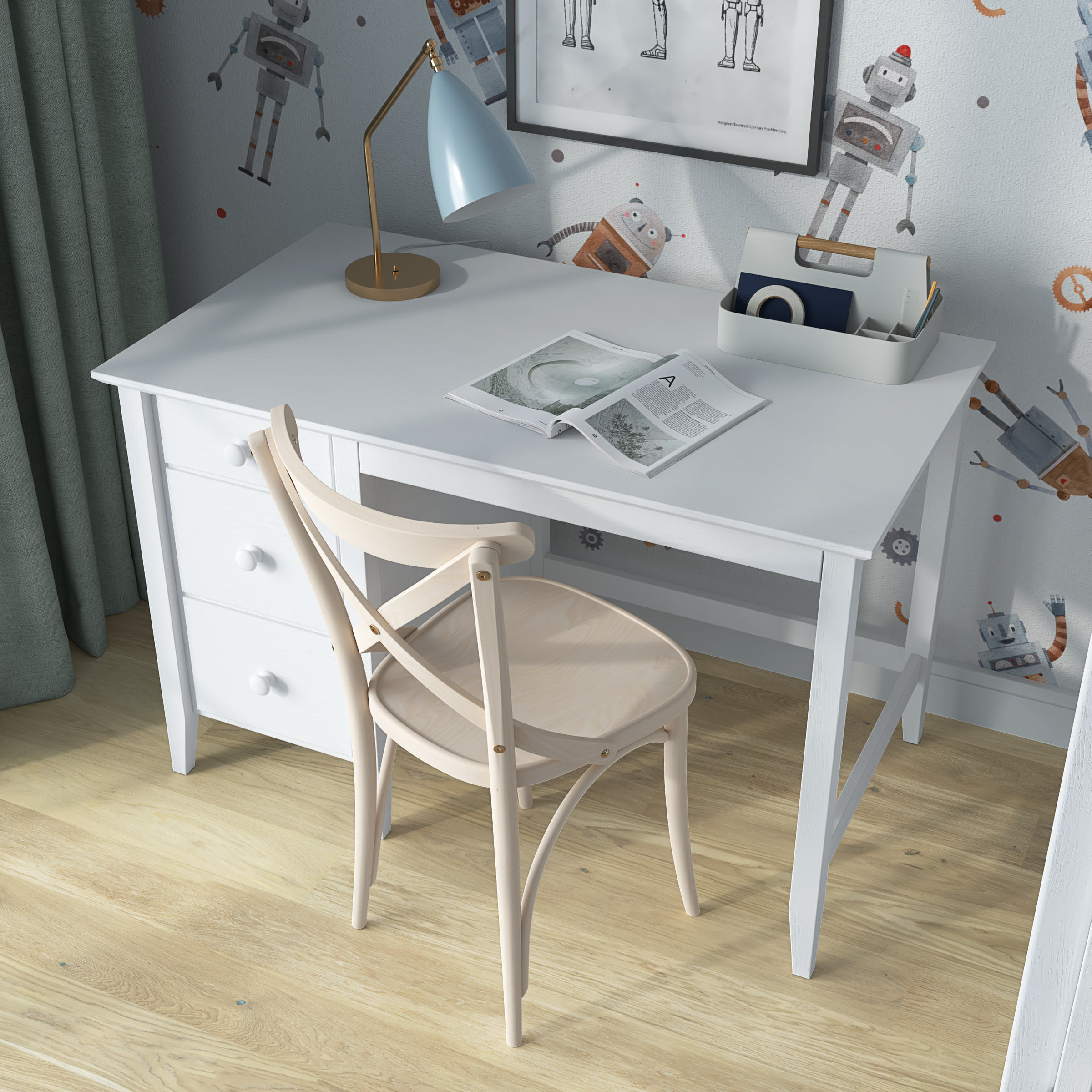 Bureau 3S blanc en bois – vue de côté, profondeur du plateau
