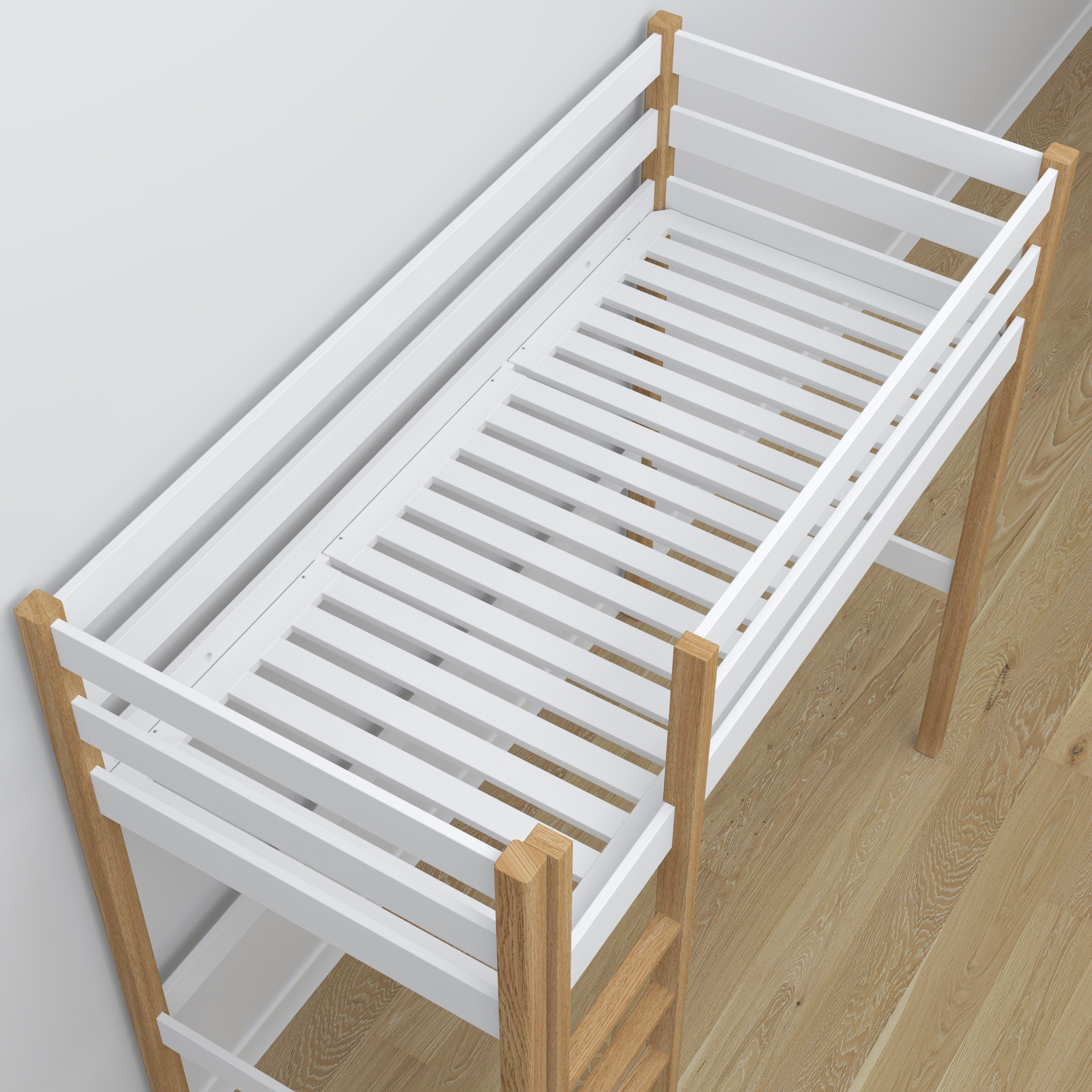 Hochbett aus Holz, Weiß-Eiche – Details der Verbindungen und Leiter, Nizio Home
