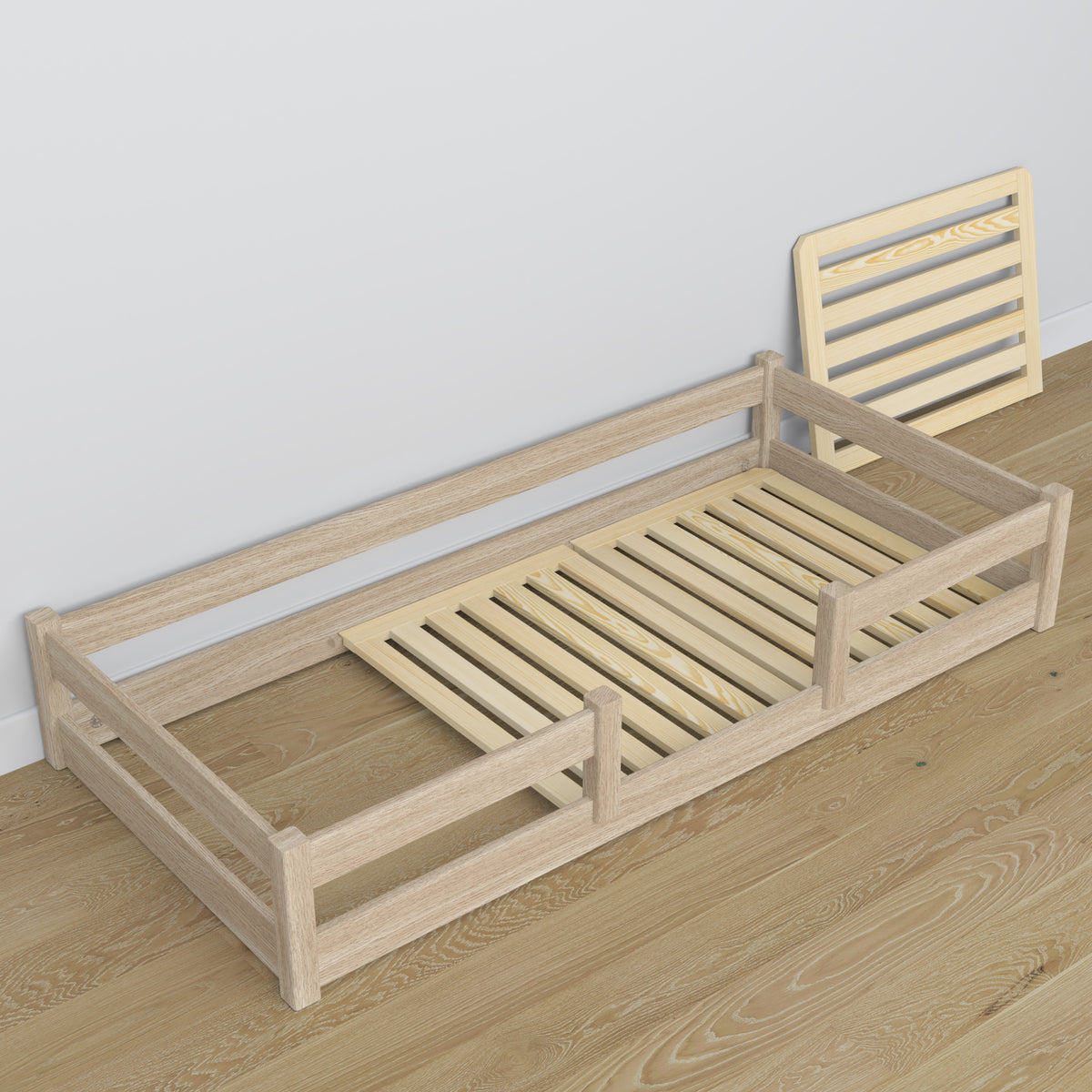Niedriges Eichenbett gebleichte Eiche – Rückseite und Proportionen, Scandi-Schlafzimmer
