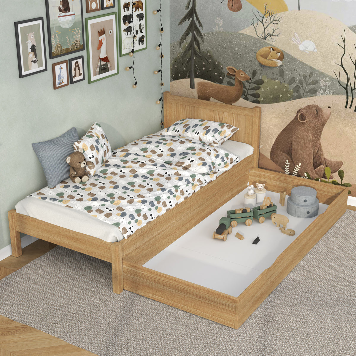 Bett Natureiche mit Schublade – geräumiges Staufach, Eiche, für Kinder Nizio