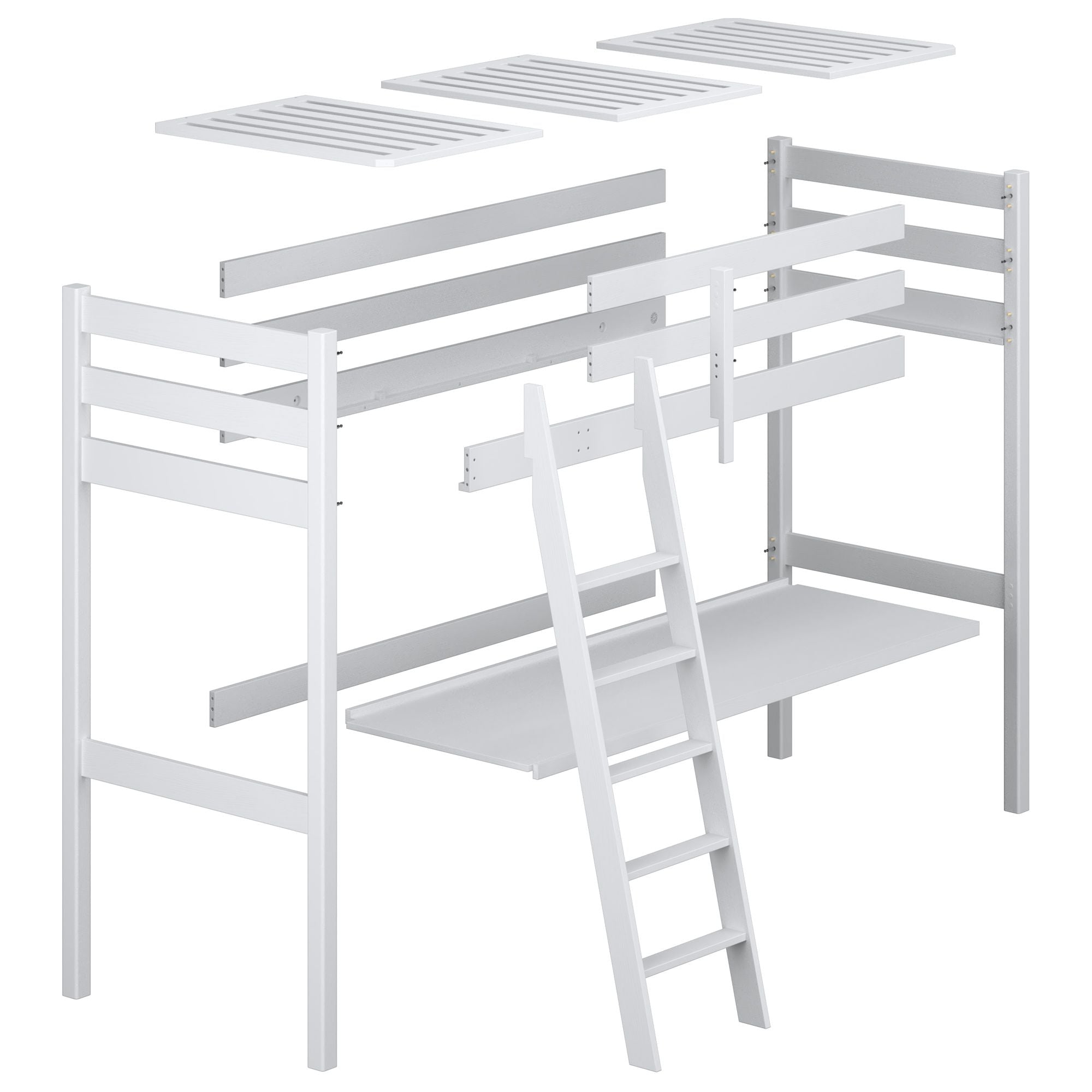Lit mezzanine pin naturel avec bureau – plateau i assemblages en bois, gros plan