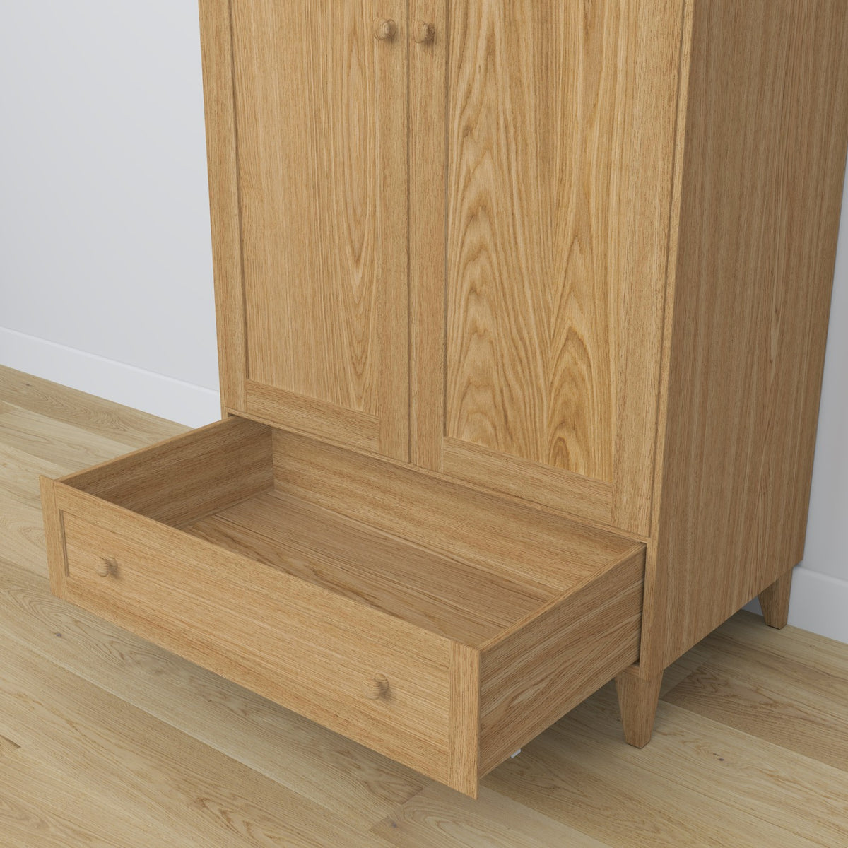 Armoire 2D1S chêne naturel – tiroir ouvert, rangement spacieux, en chêne