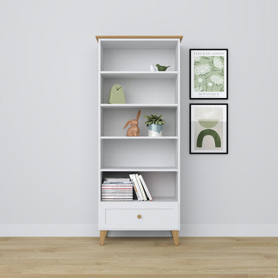 Bookcase with drawer wooden white with oak 80 cm – living room and office, Scandinavian style