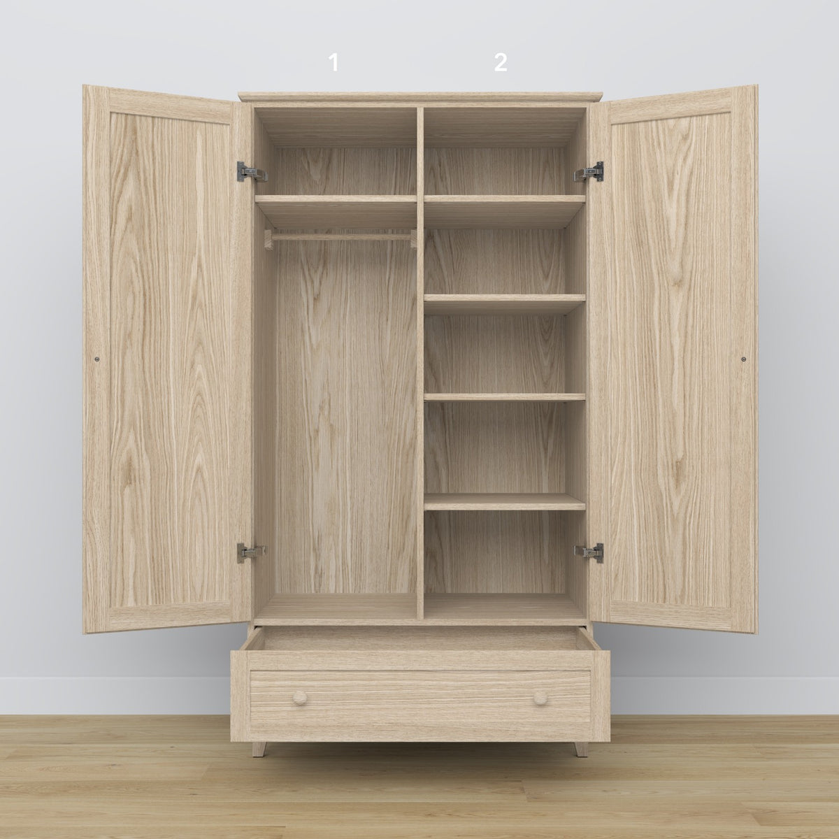 Schrank 2D1S gebleichte Eiche – Schublade geöffnet, geräumiges Staufach, Eichenholz