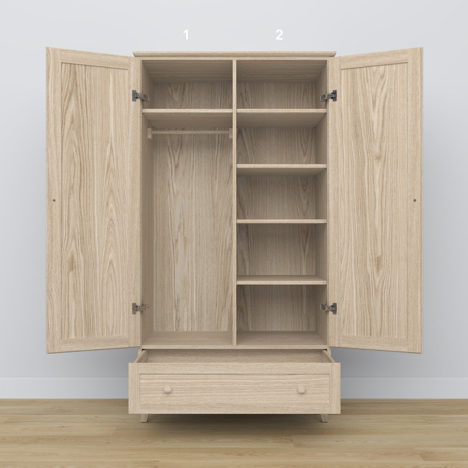 Schrank 2D1S gebleichte Eiche – Schublade geöffnet, geräumiges Staufach, Eichenholz