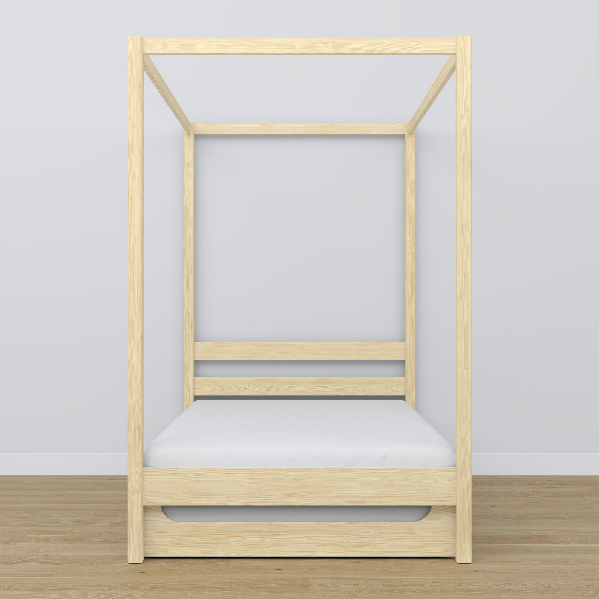 Clear pine canopy bed with drawer – side view, wooden, Nizio