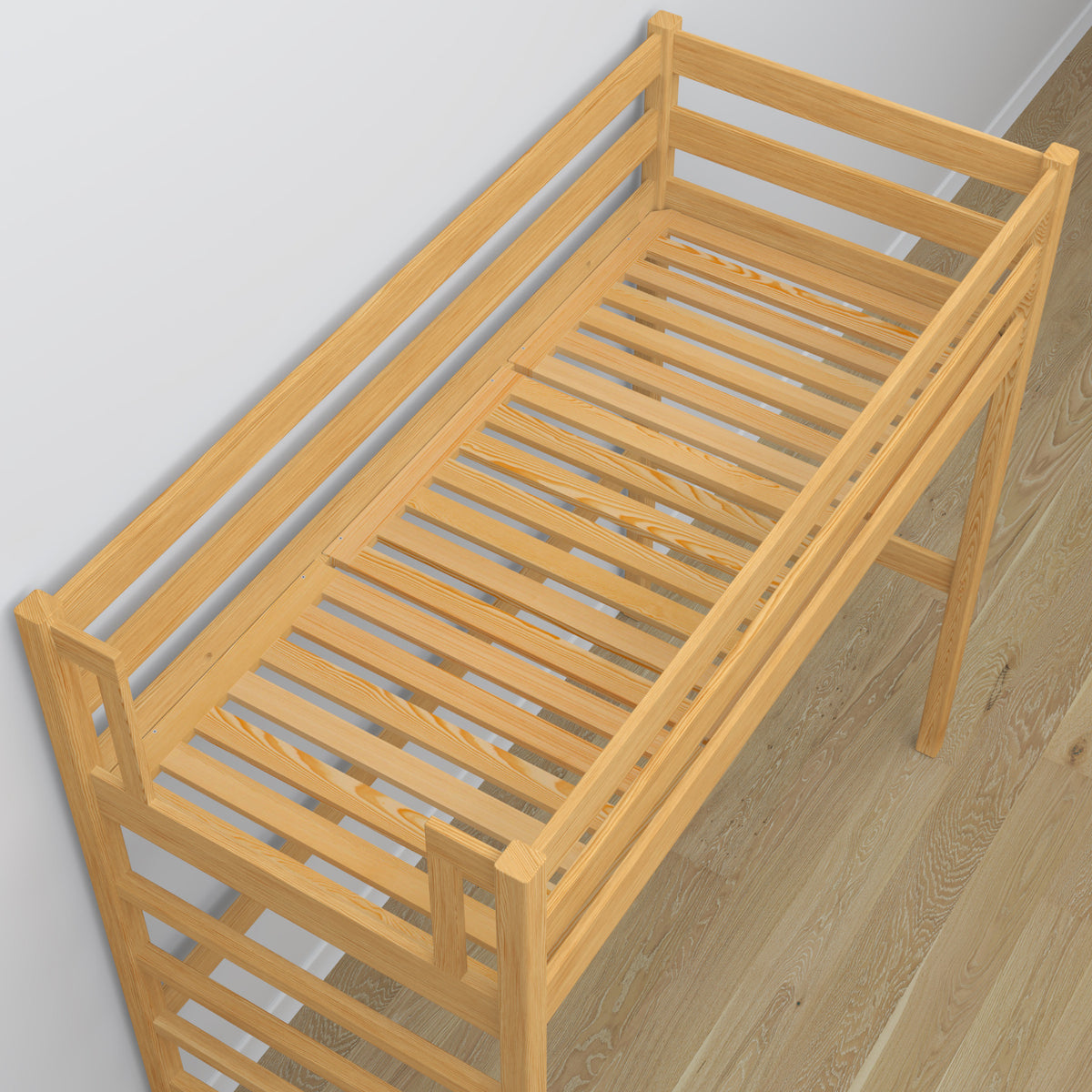 Hochbett Kiefer natur aus Holz – Draufsicht auf den Schlafbereich, Nizio