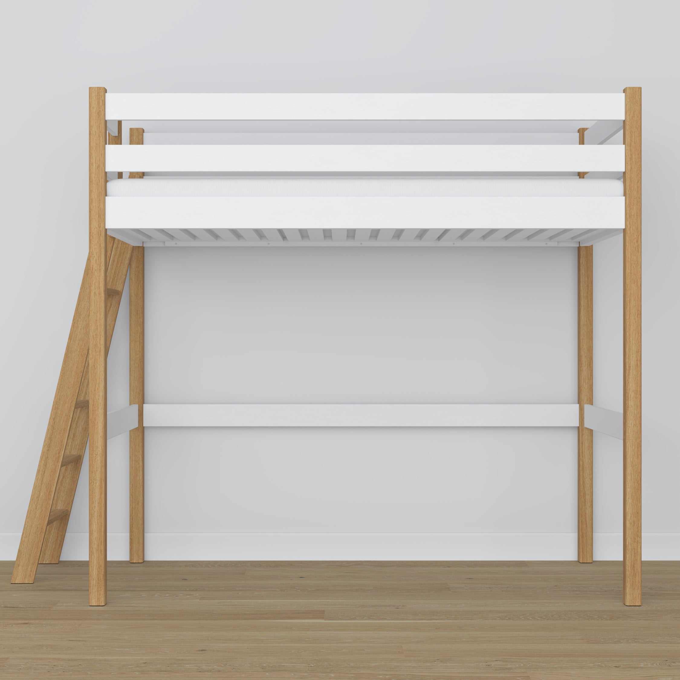Hochbett weiß-Eiche – Leiter und Geländer aus Holz, Nizio Home