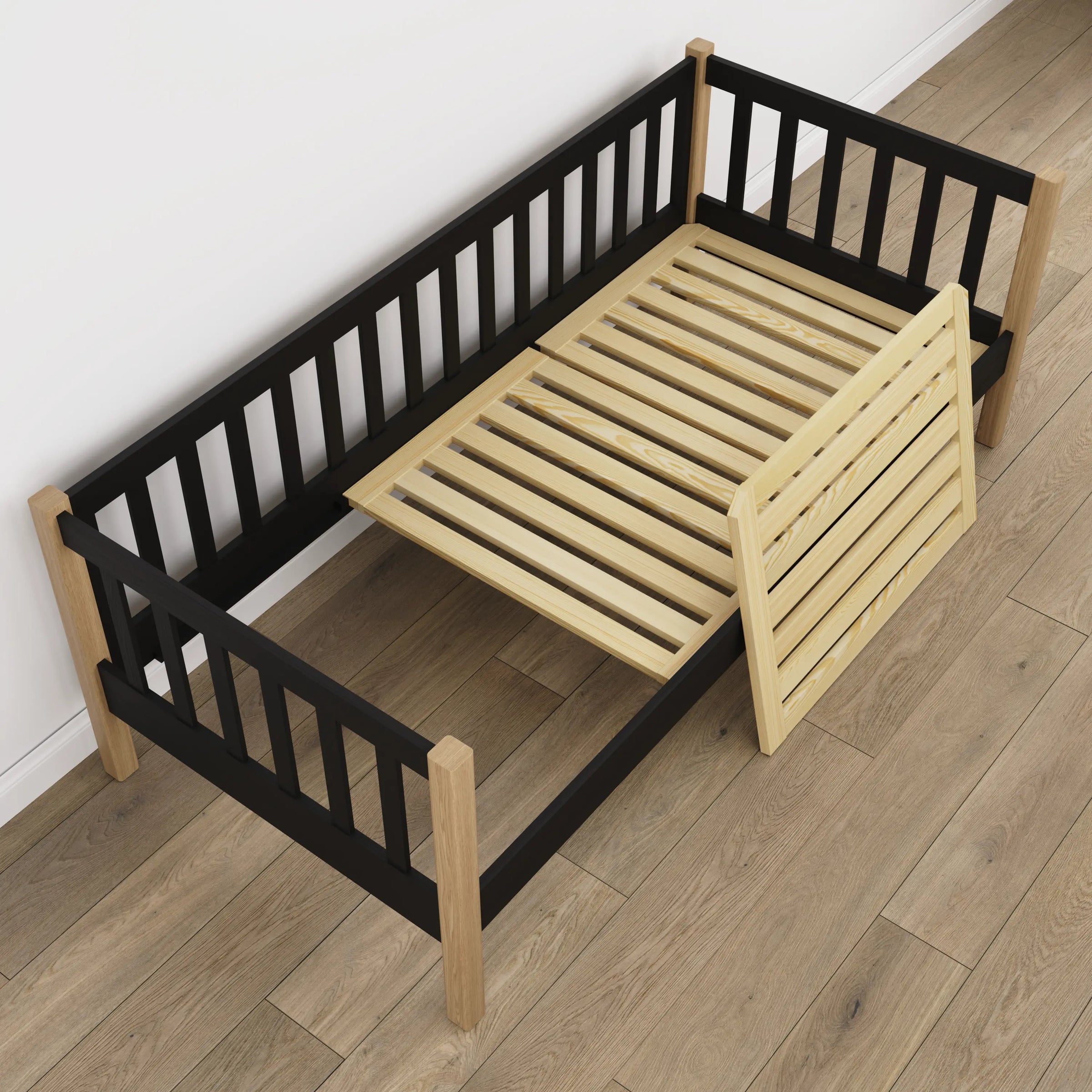 Bettsofa aus Holz Schwarz mit Eiche – Holz- und Verbindungsdetails, Nizio Home