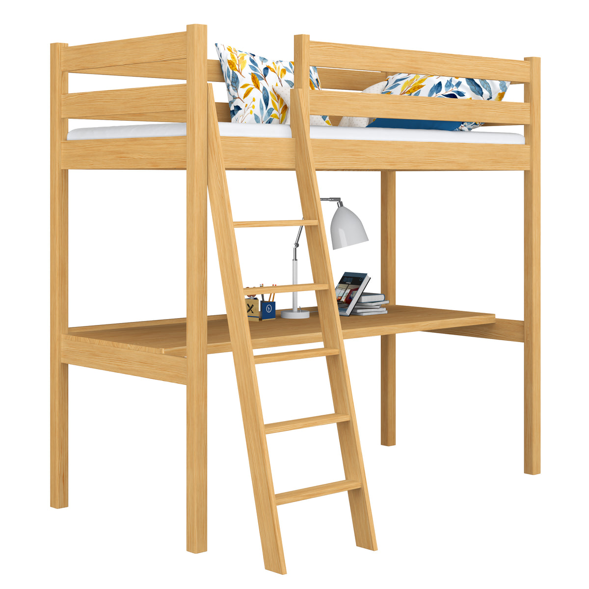 Lit mezzanine pin naturel avec bureau – espace d'apprentissage sous la chambre, en bois