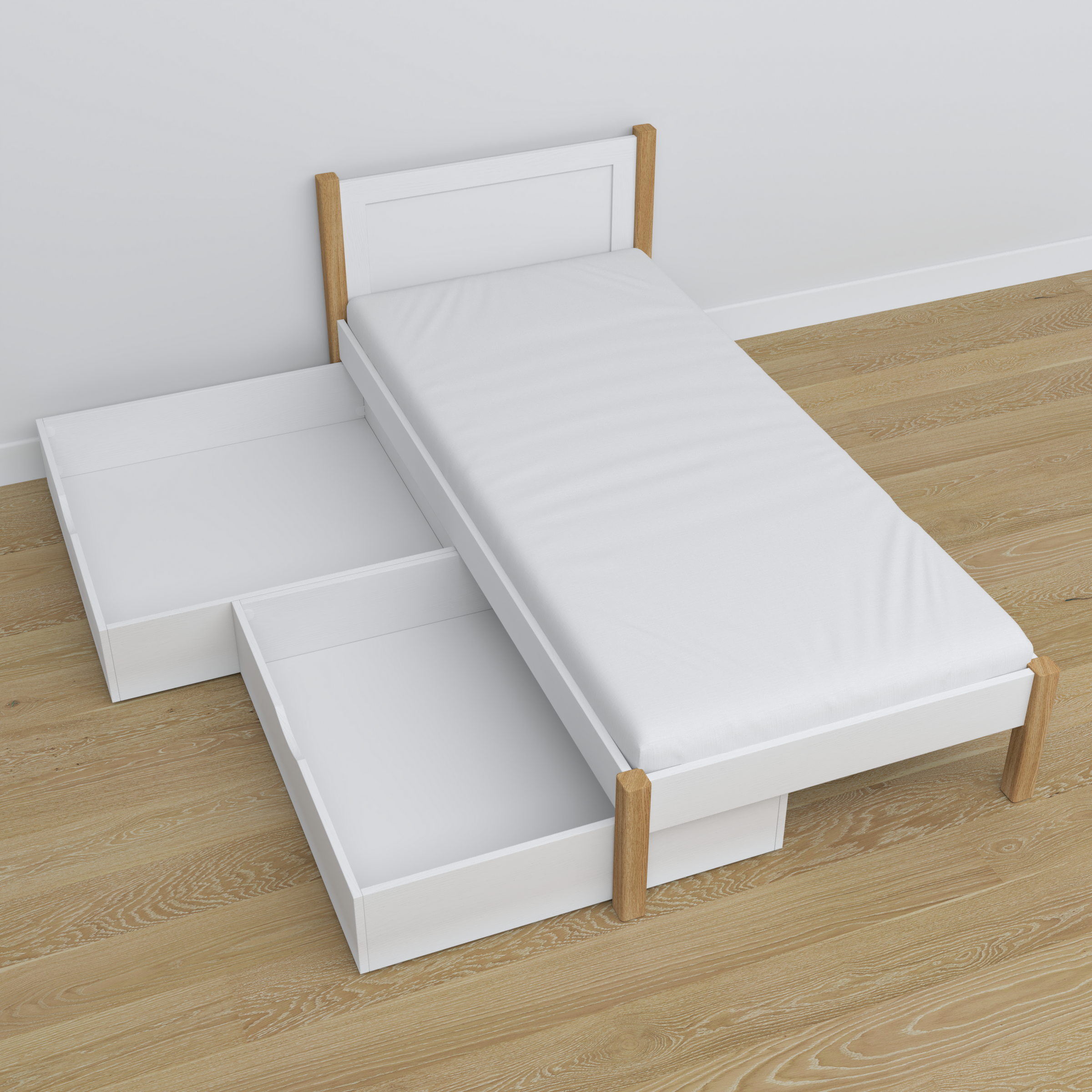Bett Weiß-Eiche mit Schublade aus Holz – Schrägansicht