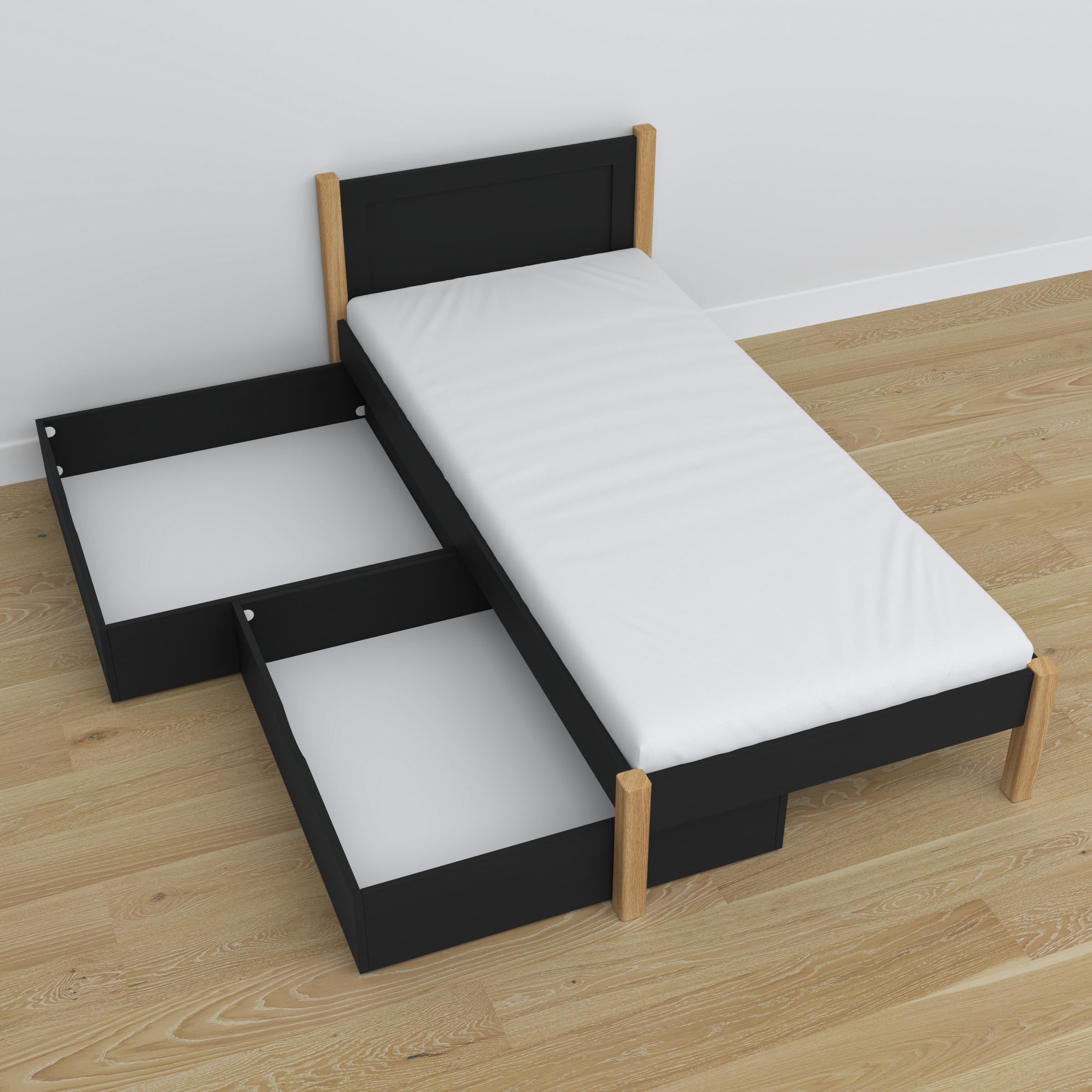 Bett schwarz-eiche mit Schublade aus Holz – Schrägansicht