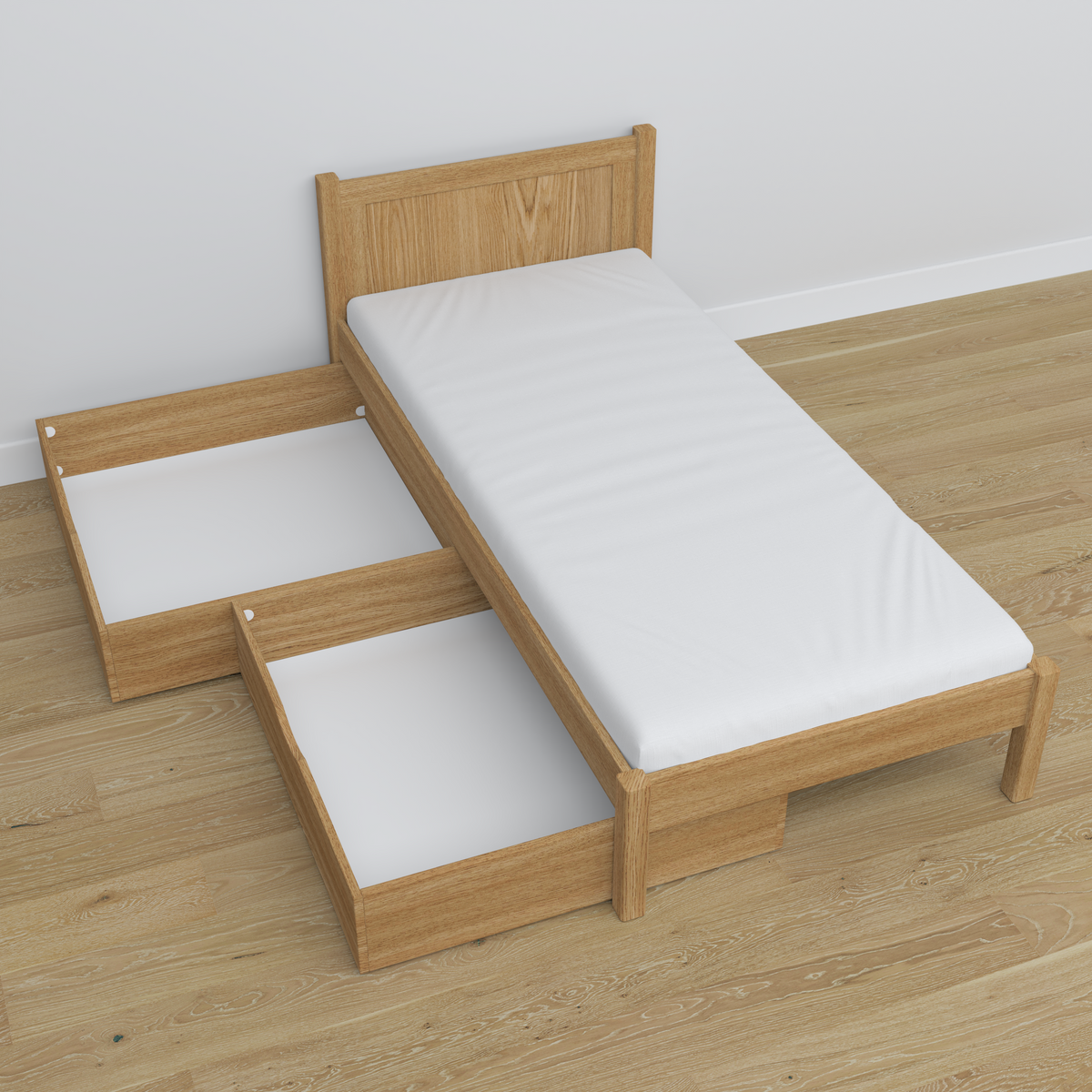 Bett Natureiche mit Schublade aus Eiche – Schrägansicht