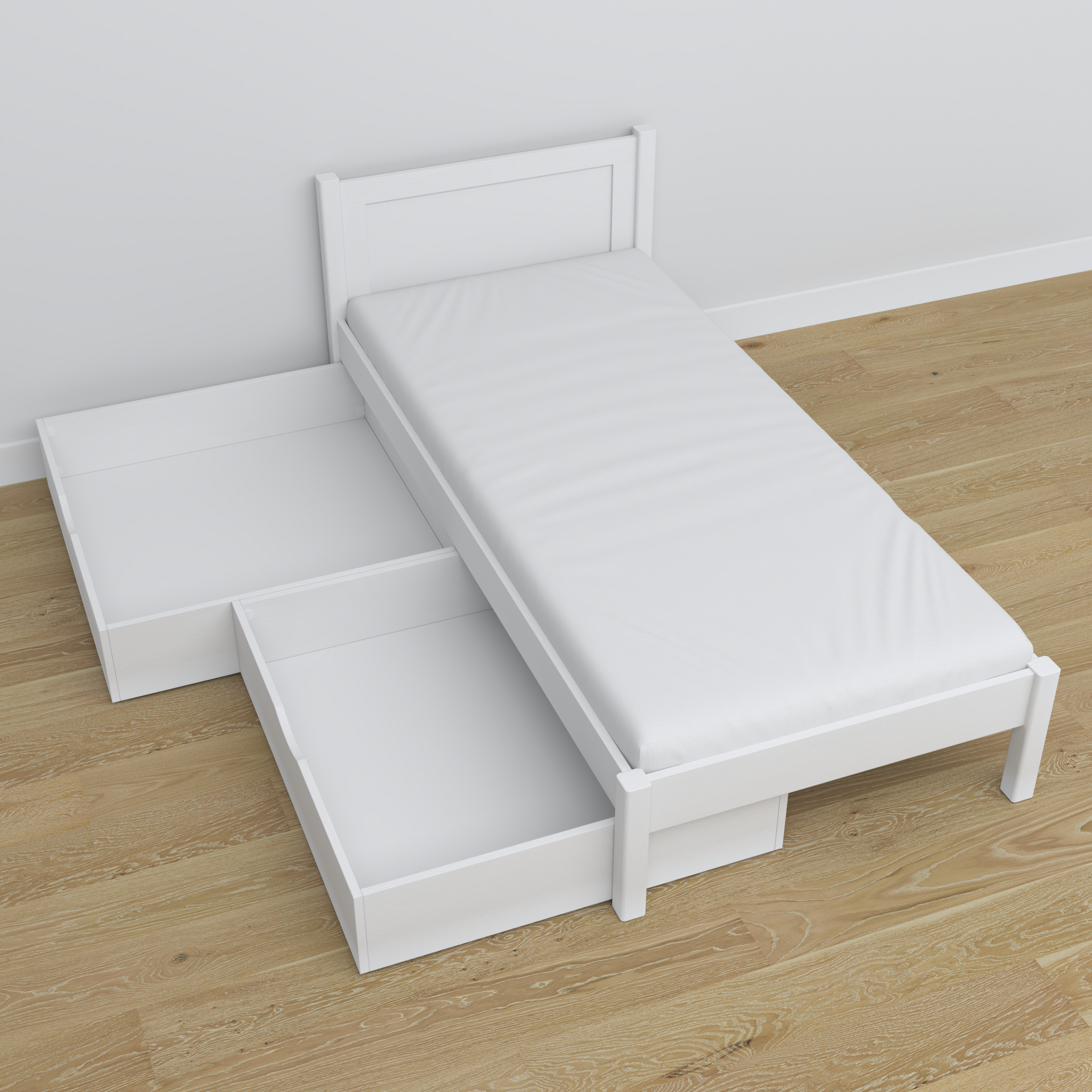 Bett Weiß mit Schublade aus Holz – Schrägansicht