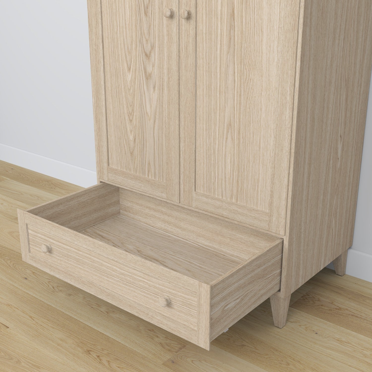 Schrank 2D1S Eichenholz gebleichte Eiche – Seitenansicht, Tiefe und Proportionen des Möbelstücks