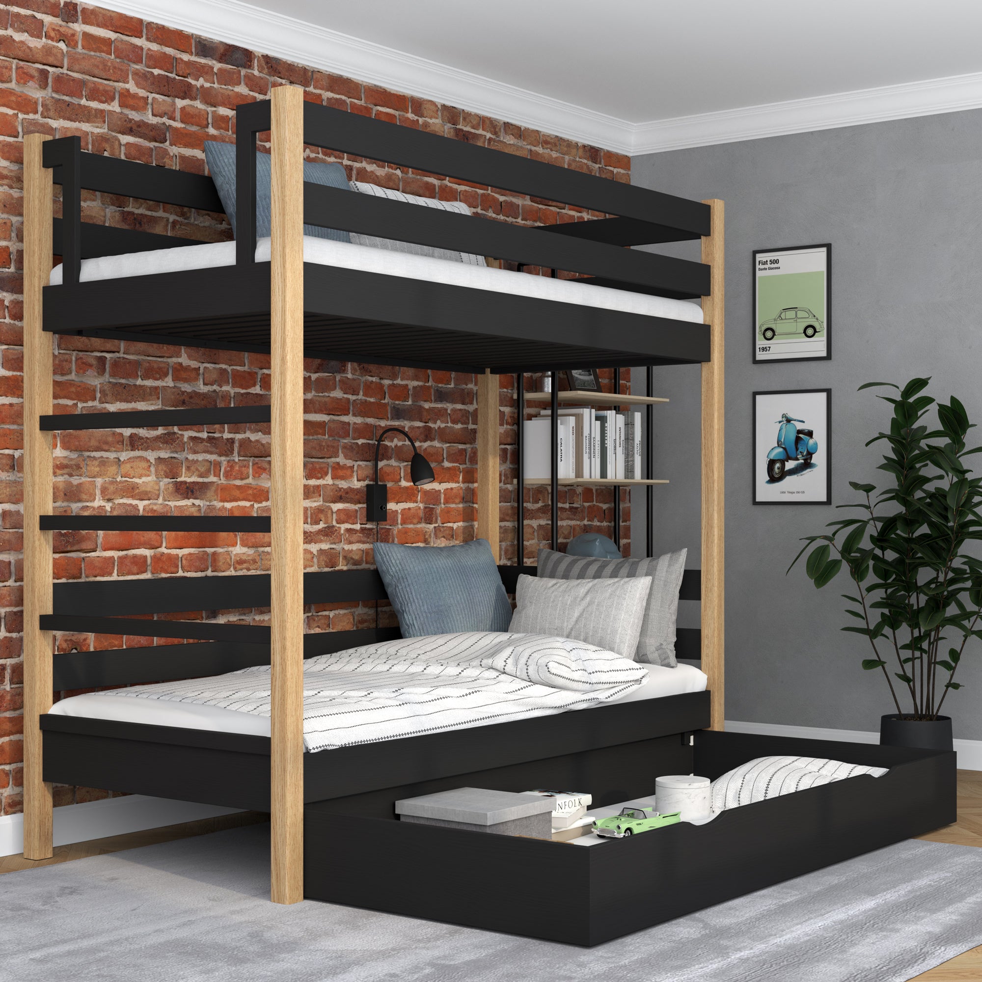 Lit superposé en bois noir-chêne – tiroir ouvert, rangement sous le lit