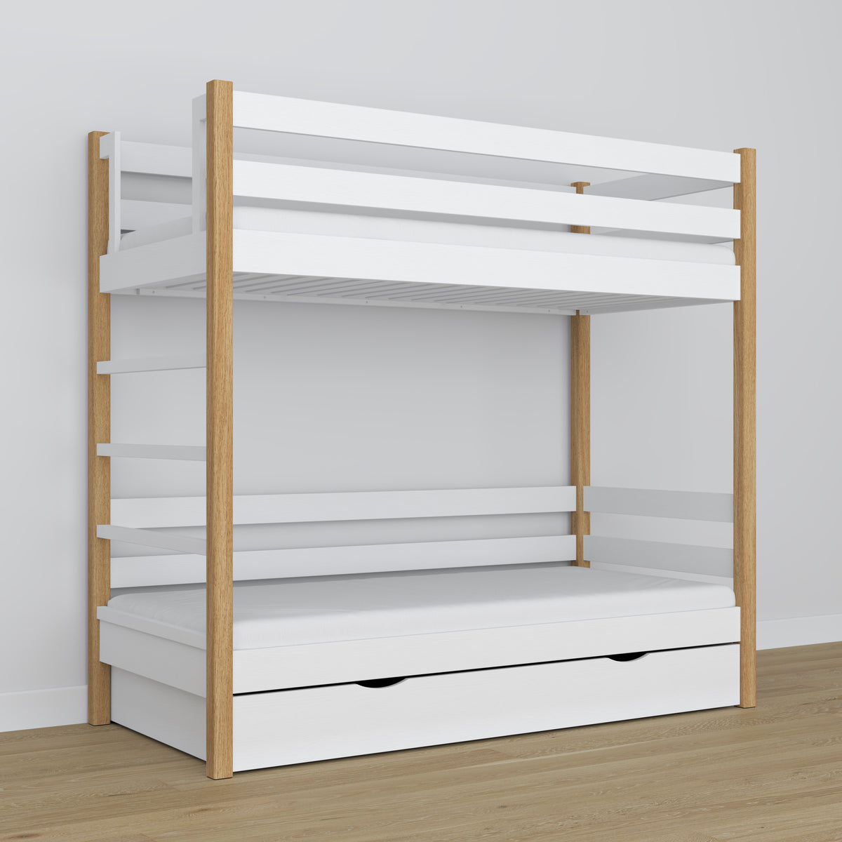 White and Oak Bunk Bed – Wooden Slatted Frame, Side View
