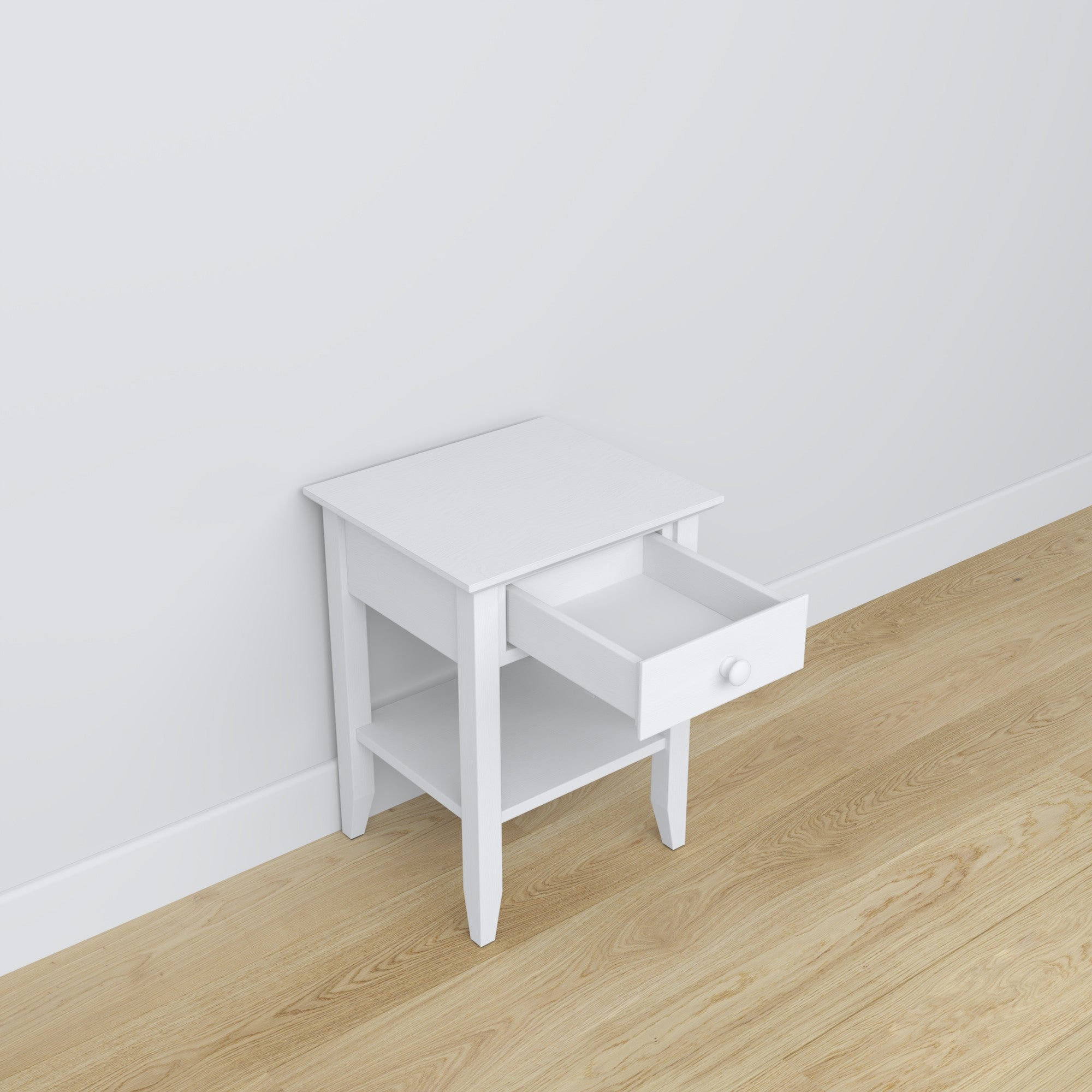 Table de chevet N01 en bois blanc – tiroir ouvert, rangement près du lit