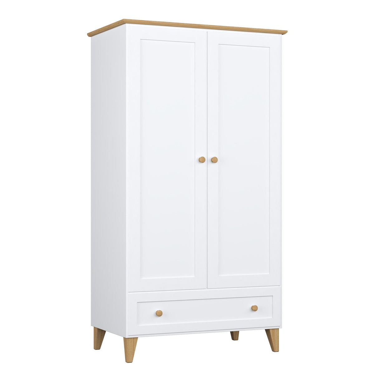 Armoire 2D1S en bois blanc avec chêne – portes ouvertes, tringle et étagères intérieures