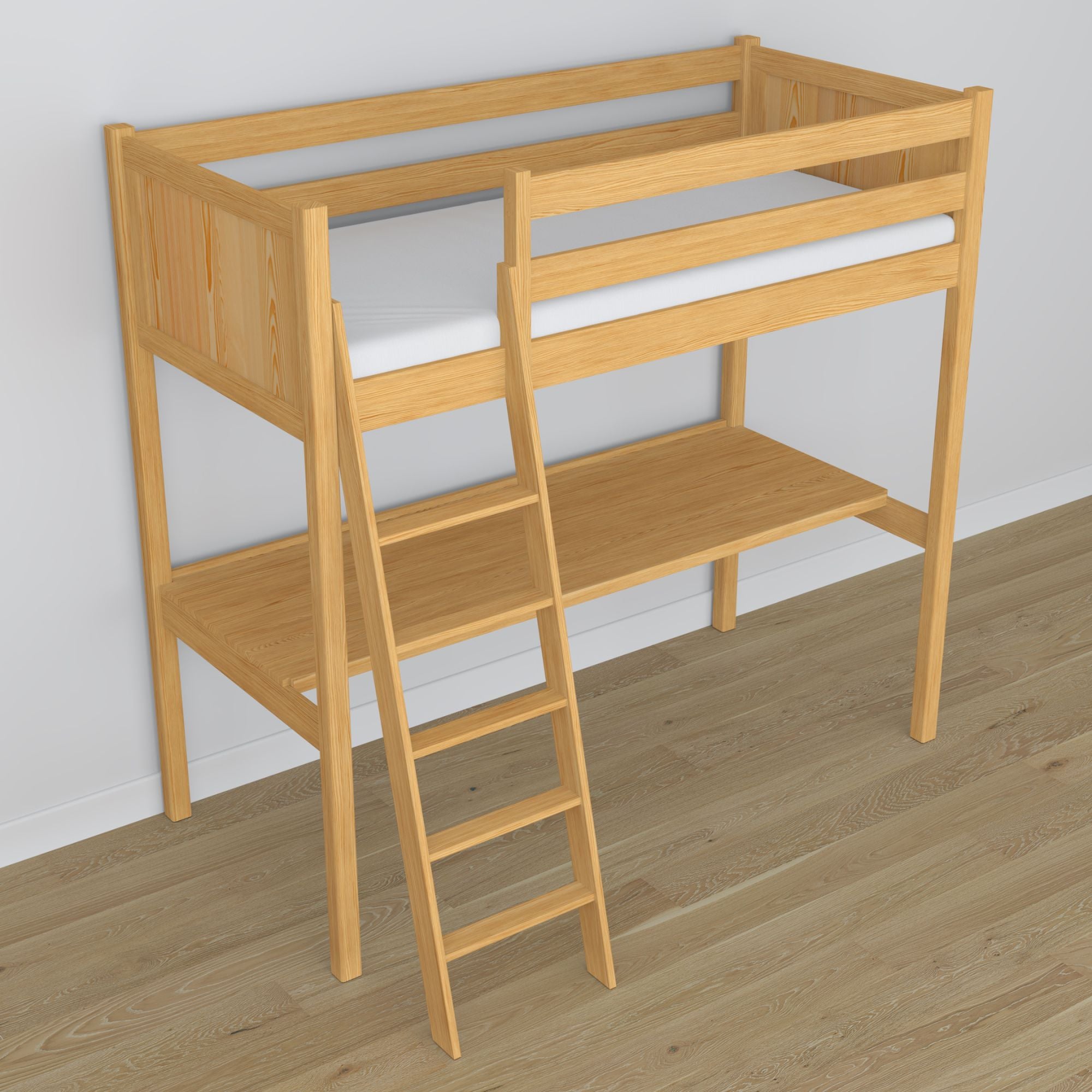Loft bed natural pine wooden – top view of the sleeping area, Nizio