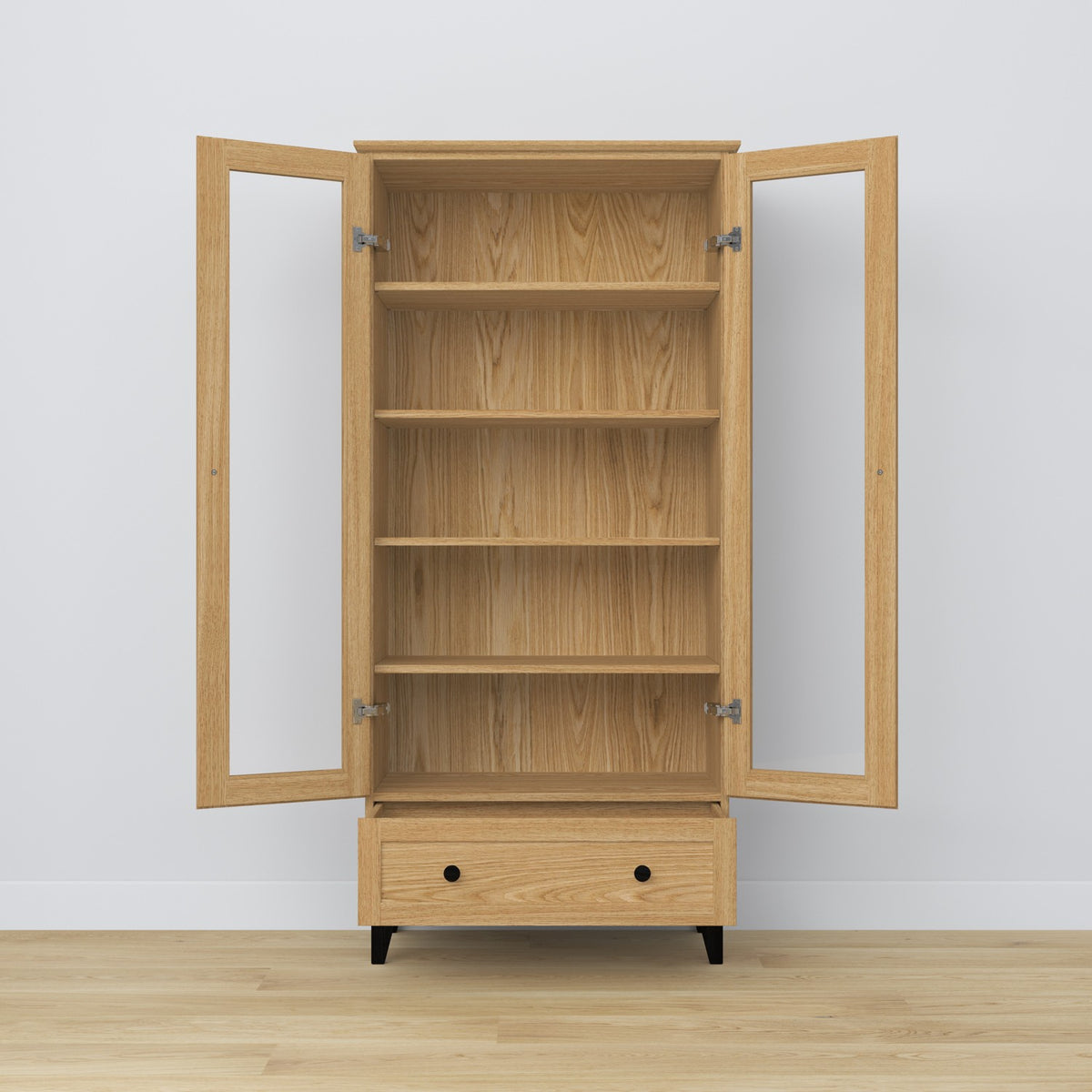 Vitrine 1S Eiche Natureiche mit Schwarz – Tür geöffnet, Regale und Schublade innen