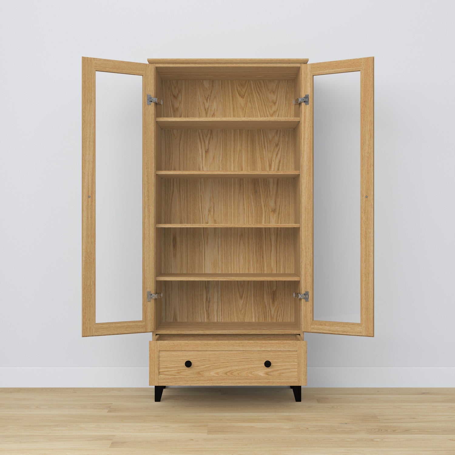 Vitrine 1S Eiche Natureiche mit Schwarz – Tür geöffnet, Regale und Schublade innen