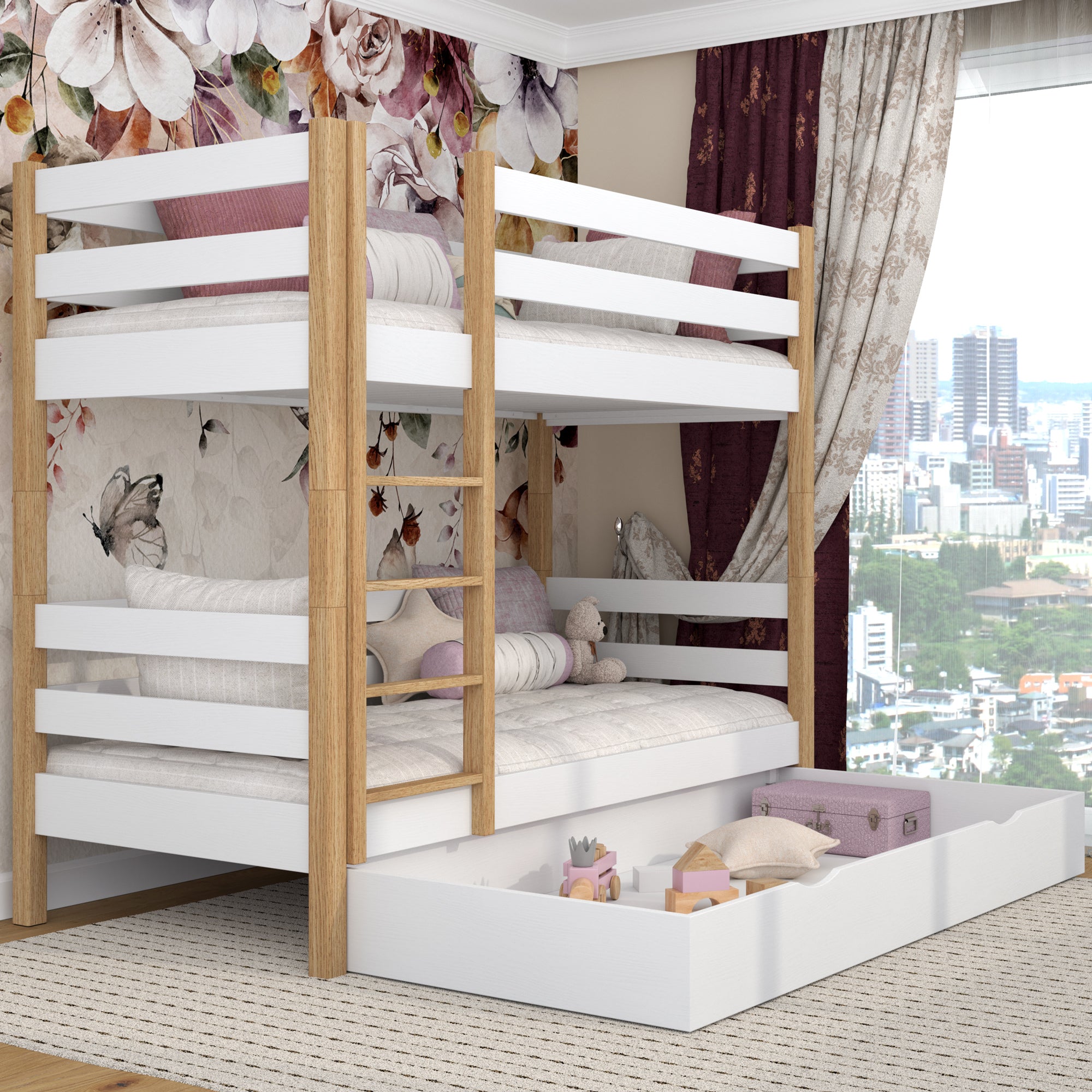 White and Oak Wooden Bunk Bed – Open Drawer, Spacious Storage Under the Bed