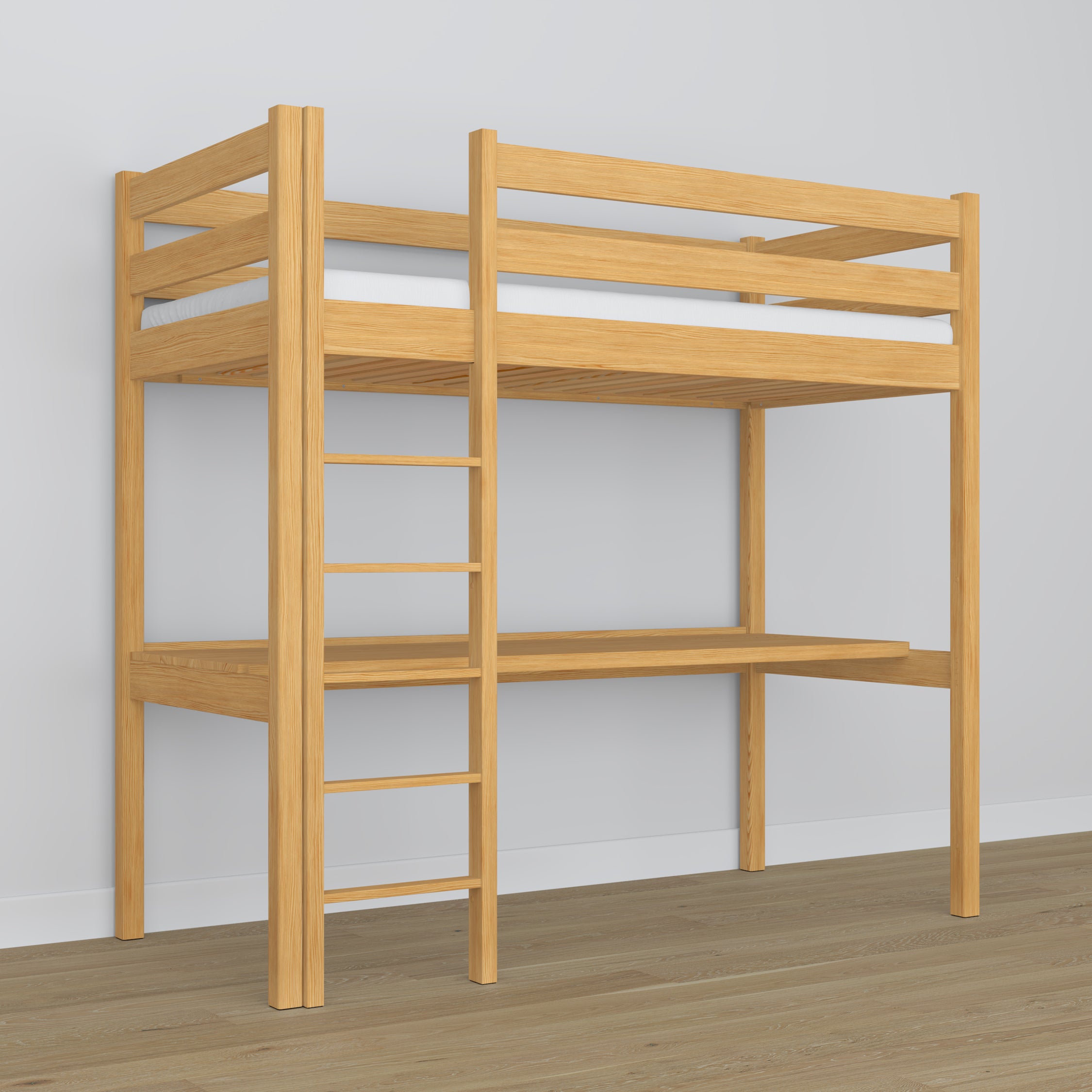 Natural Pine Wooden Loft Bed with Desk – Ladder and Safety Rail