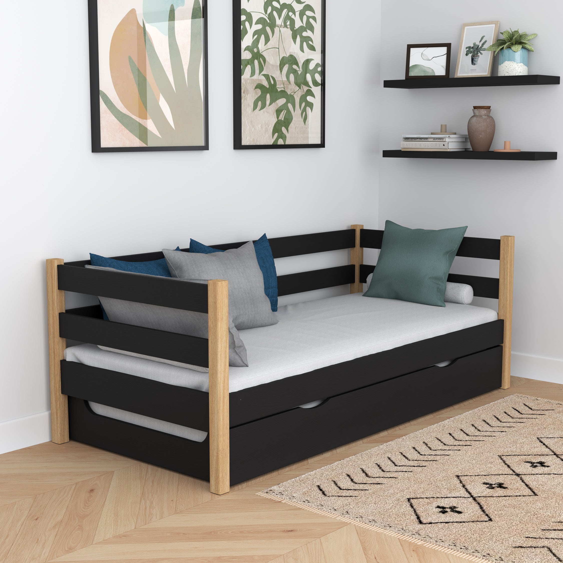 Sofa-Bett schwarz-Eiche mit Schublade für Matratze – Holz, Nizio Home