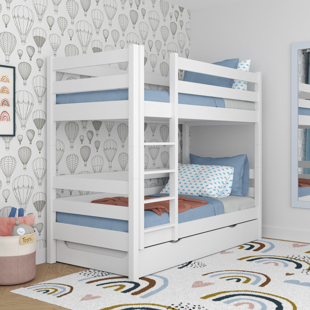 Lit superposé en bois blanc – échelle, barrières, tiroir na dodatkowy matelas