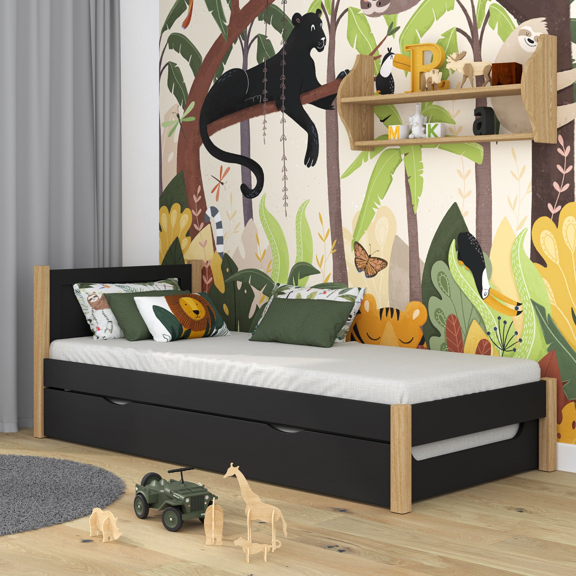 Bett schwarz-eiche mit Schublade für zusätzliche Matratze – aus Holz, für Kinder Nizio