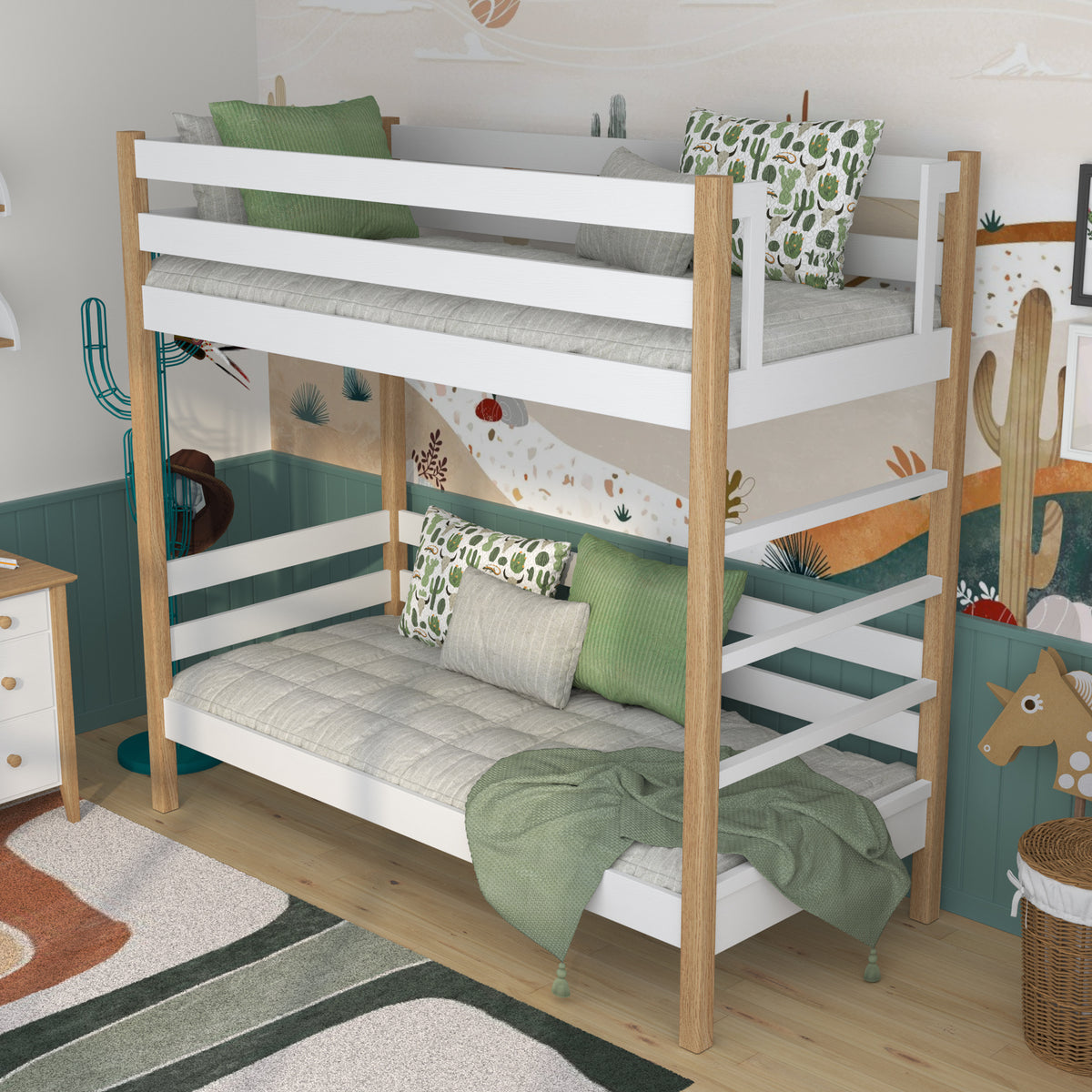 Lit superposé blanc-chêne en bois – dimensions et schéma, Nizio