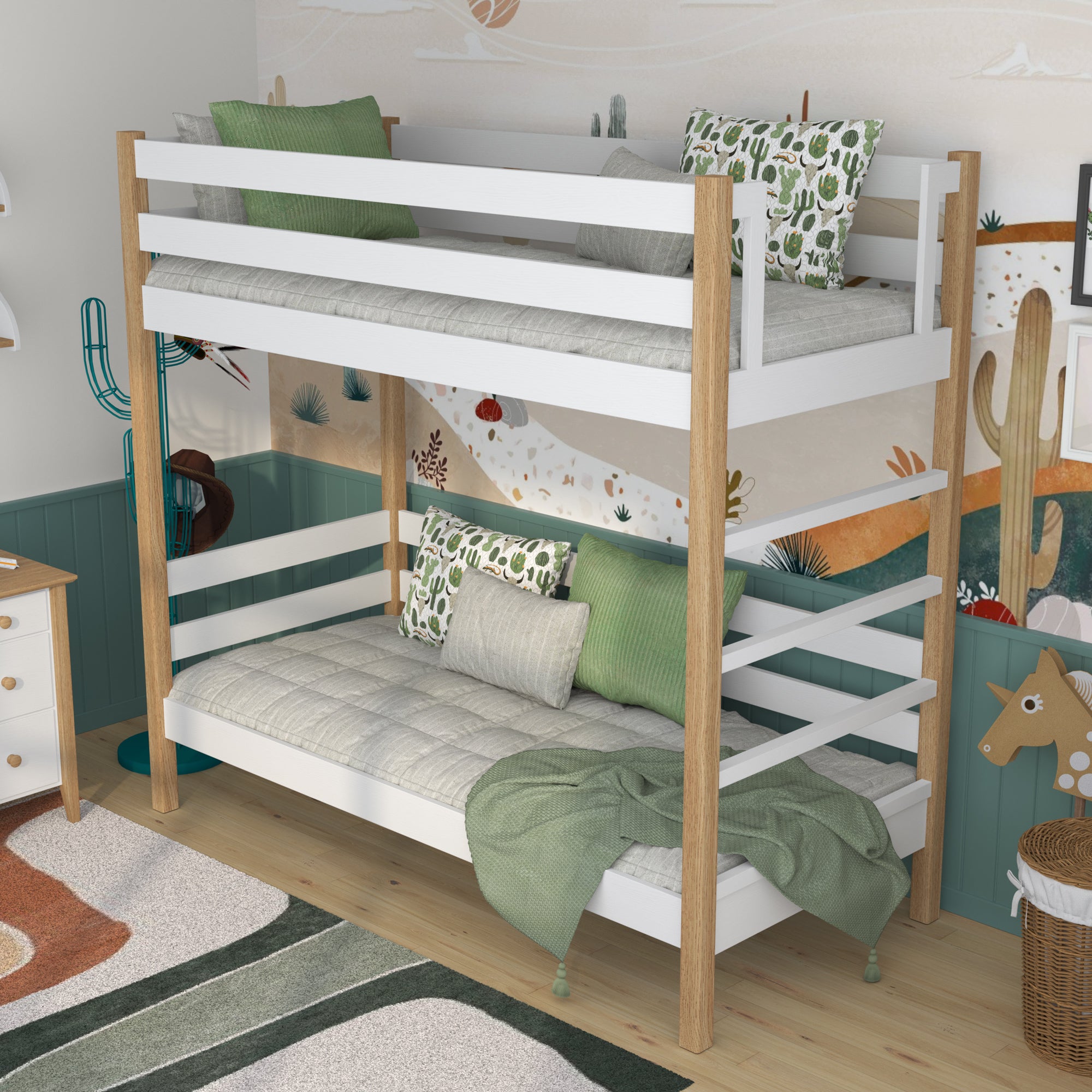 Lit superposé blanc-chêne en bois – dimensions et schéma, Nizio