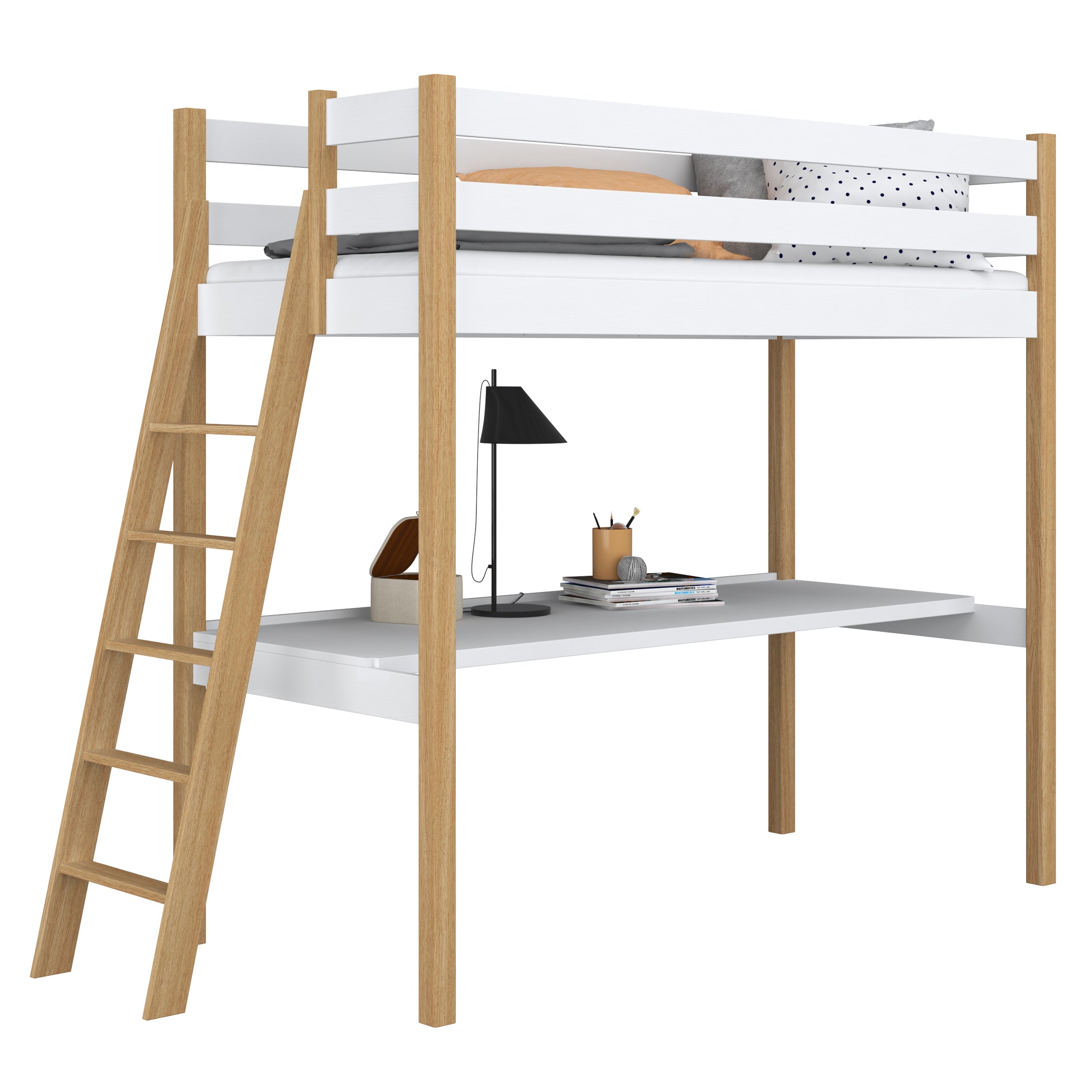 Lit mezzanine avec bureau en bois blanc-chêne – chambre d'enfant, scandinave Nizio