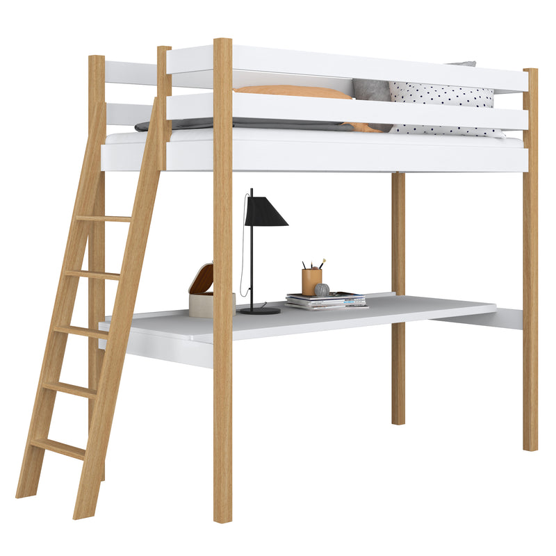 Lit mezzanine avec bureau en bois blanc-chêne – chambre d'enfant, scandinave Nizio