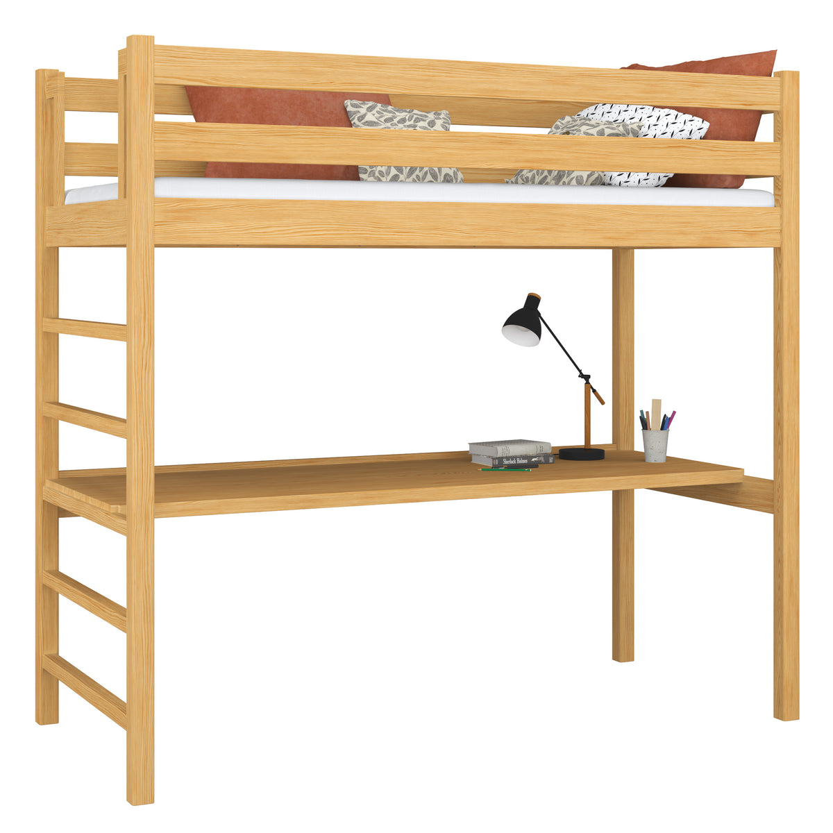 Hochbett Kiefer natur mit Schreibtisch – Lernen unter dem Schlafbereich, Holz