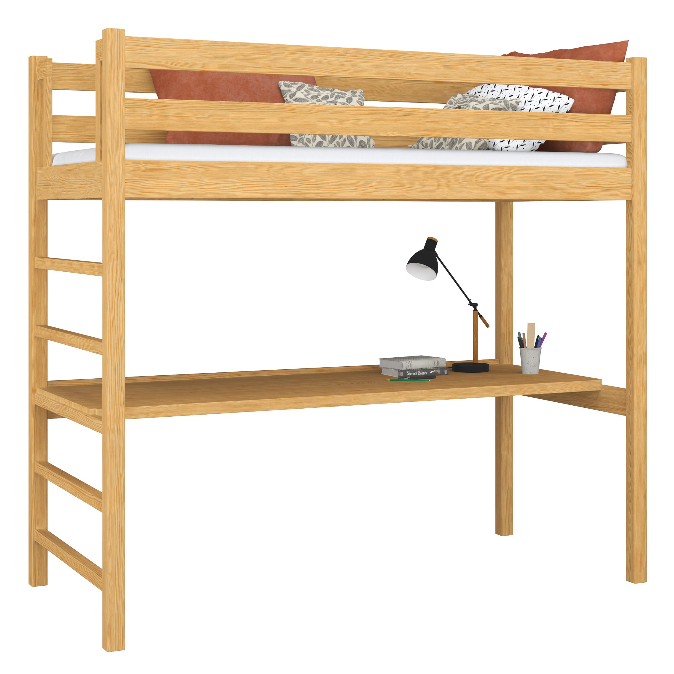 Hochbett Kiefer natur mit Schreibtisch – Lernen unter dem Schlafbereich, Holz