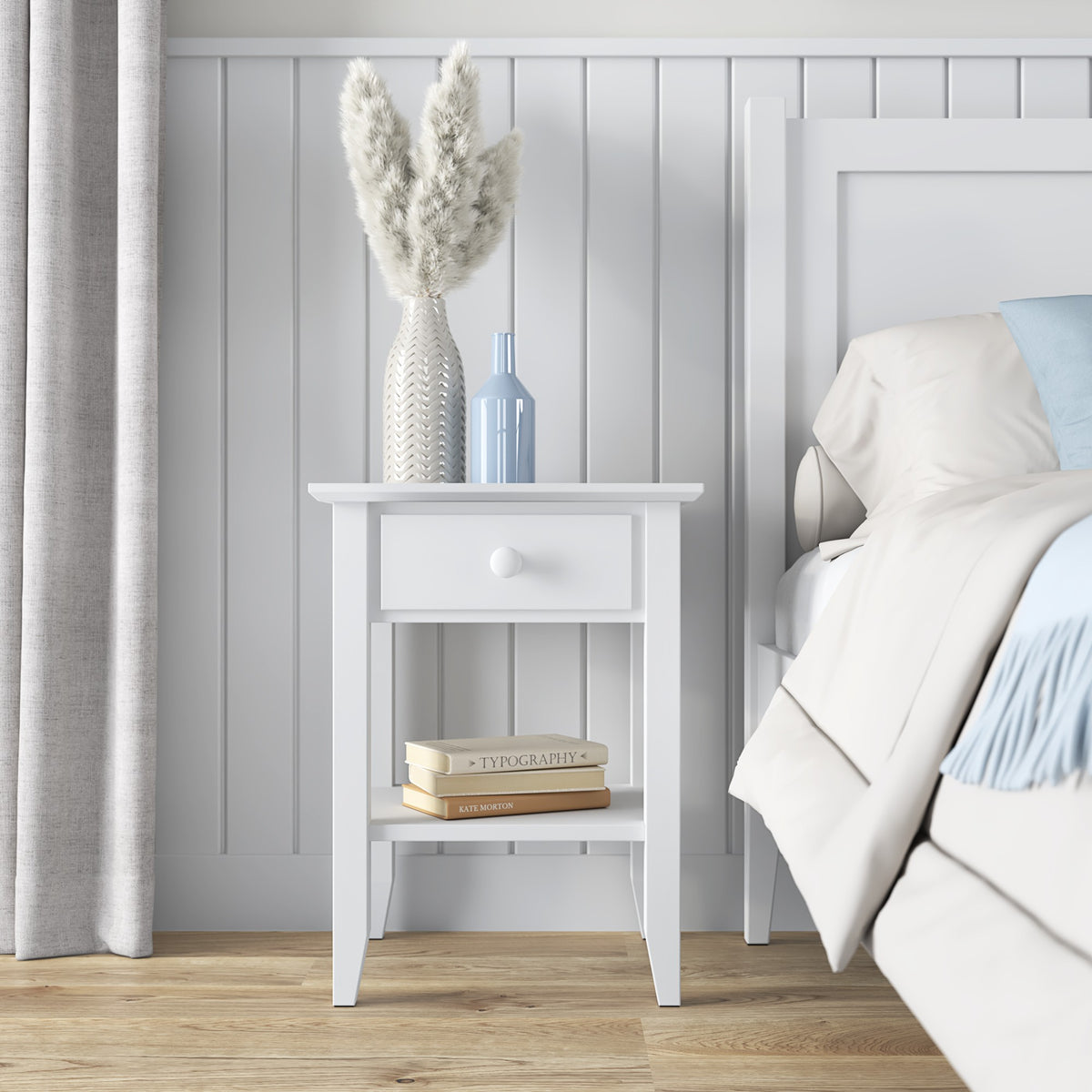 Table de chevet N01 blanc en bois – vue de côté, Nizio Home