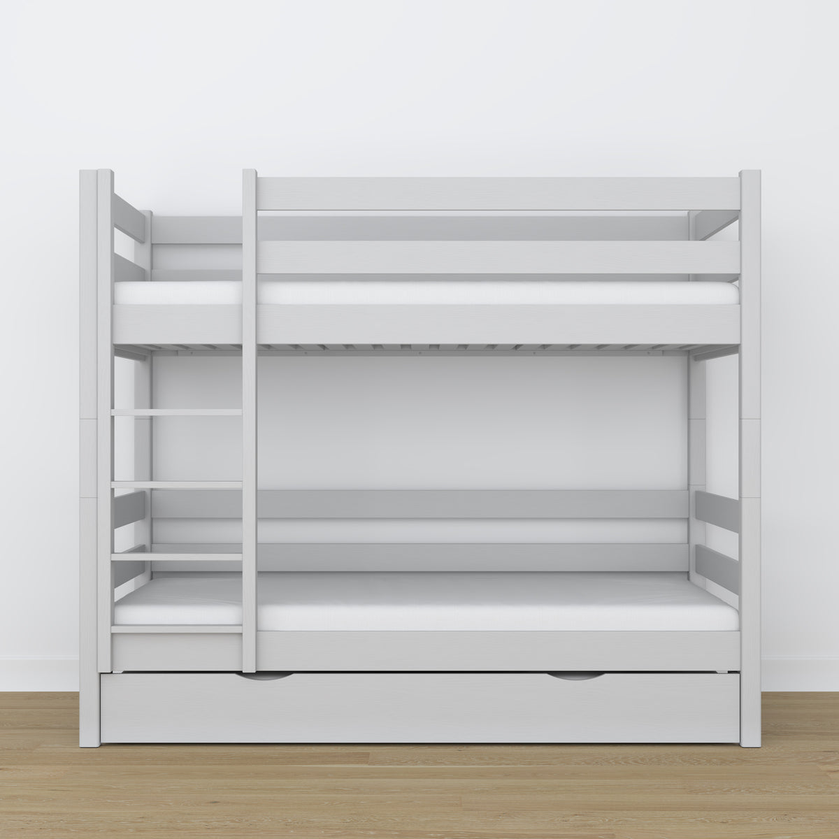 Lit superposé en bois gris – intérieur du tiroir na matelas, chambre d'enfant