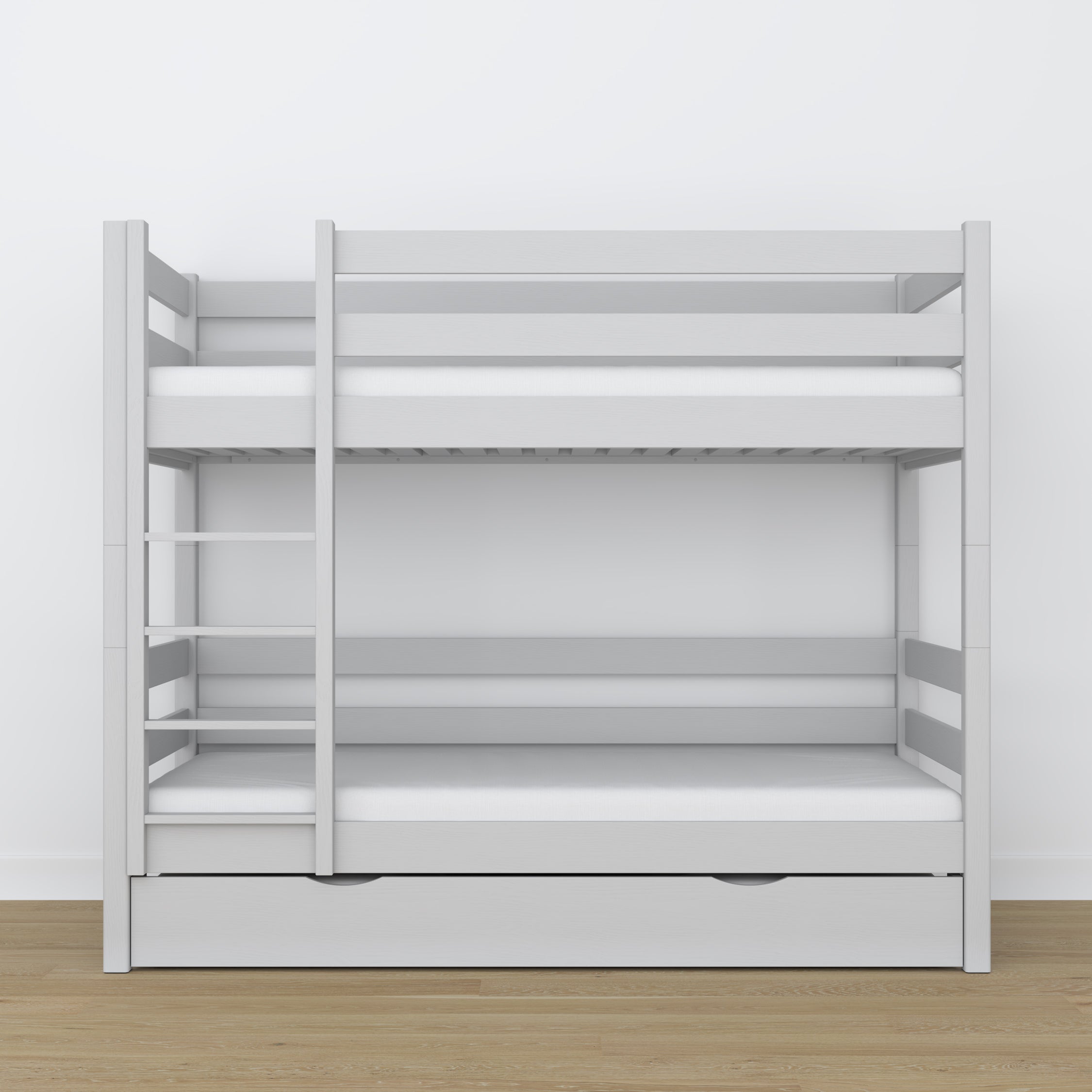 Lit superposé en bois gris – intérieur du tiroir na matelas, chambre d'enfant