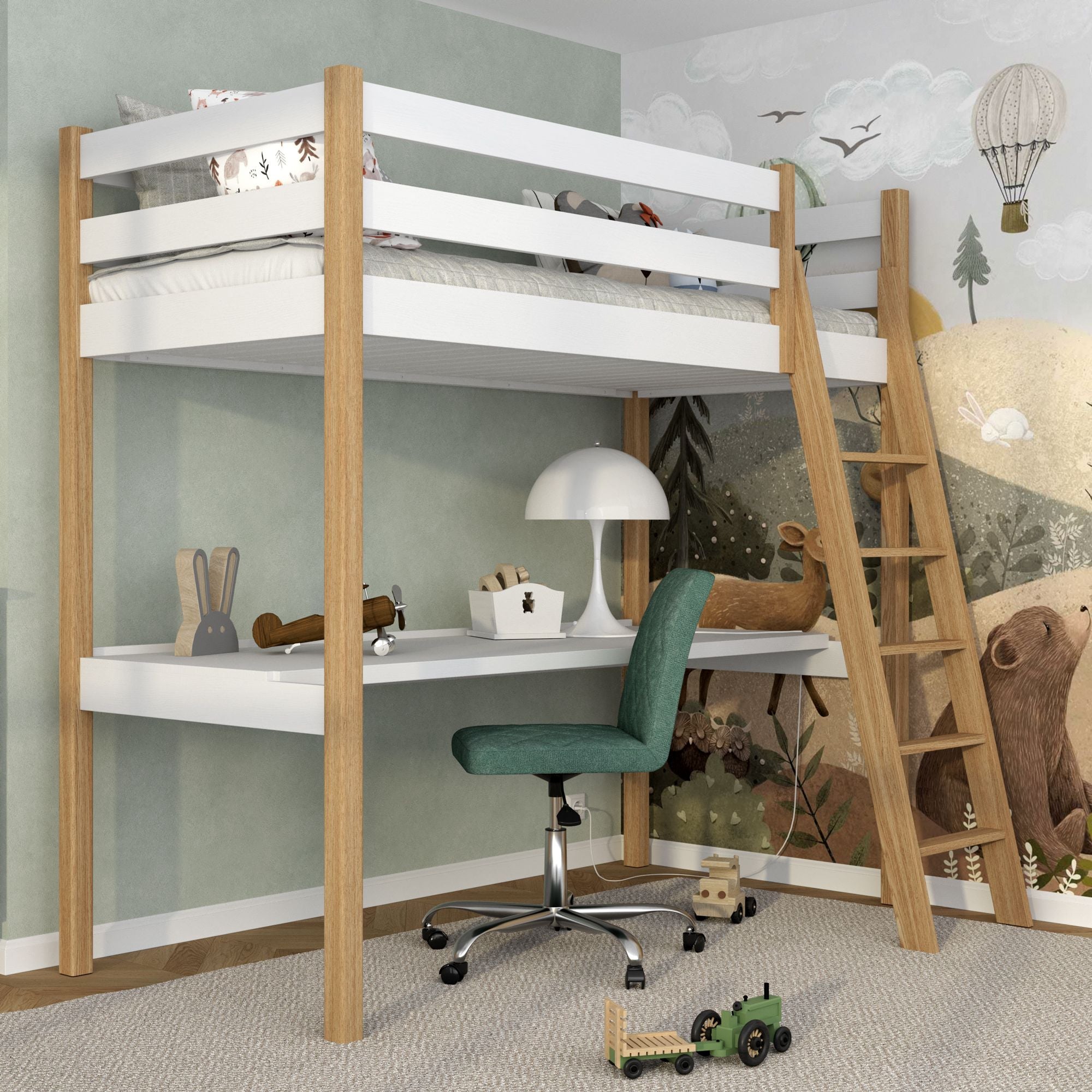 White and Oak Wooden Loft Bed with Desk – Ladder and Safety Rail