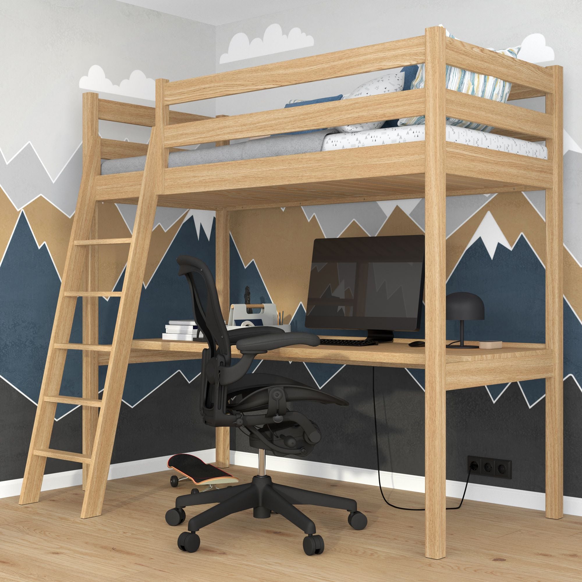 Oak Loft Bed with Desk Natural Oak – Ladder and Safety Rail