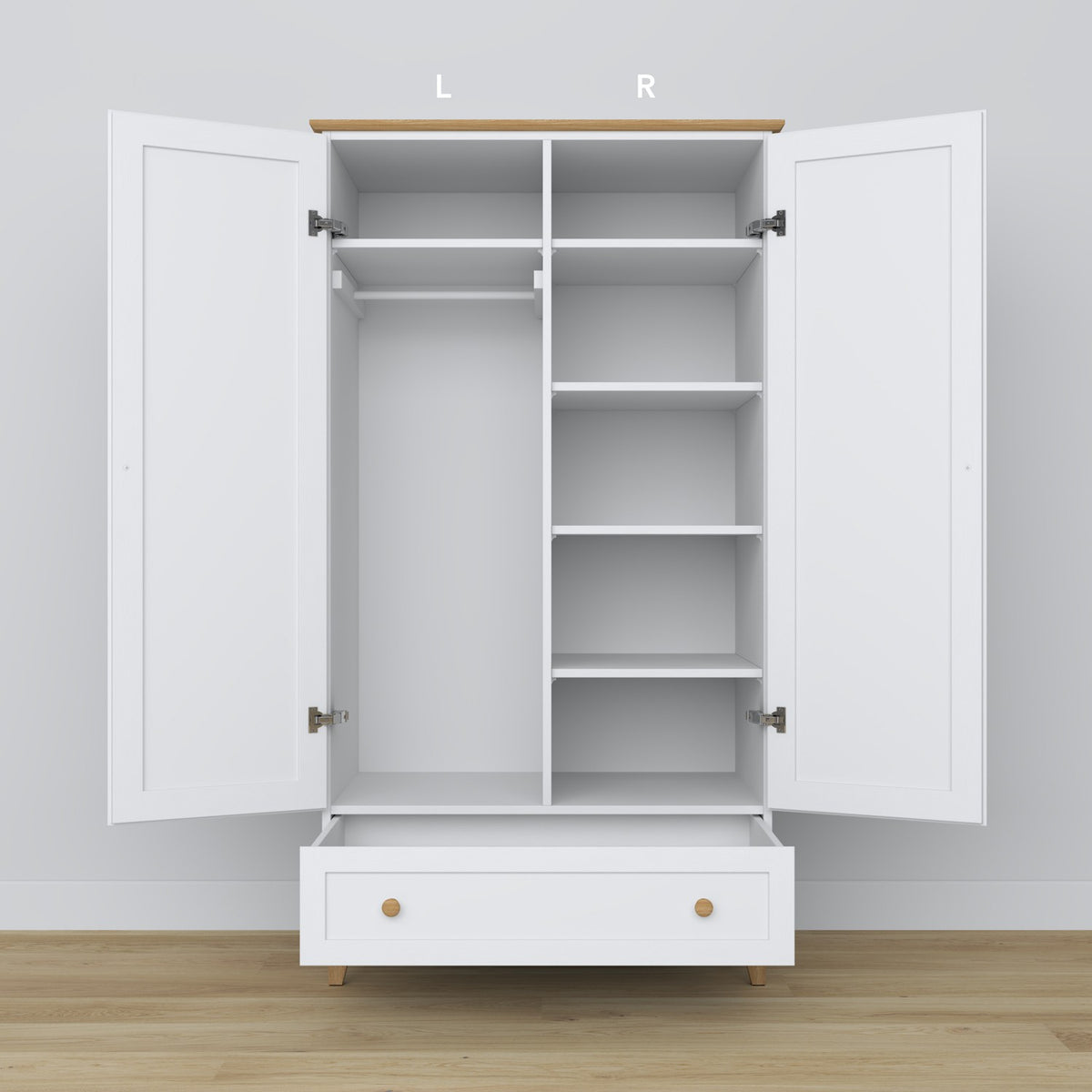 Armoire 2D1S blanc avec chêne – tiroir ouvert, rangement spacieux, en bois