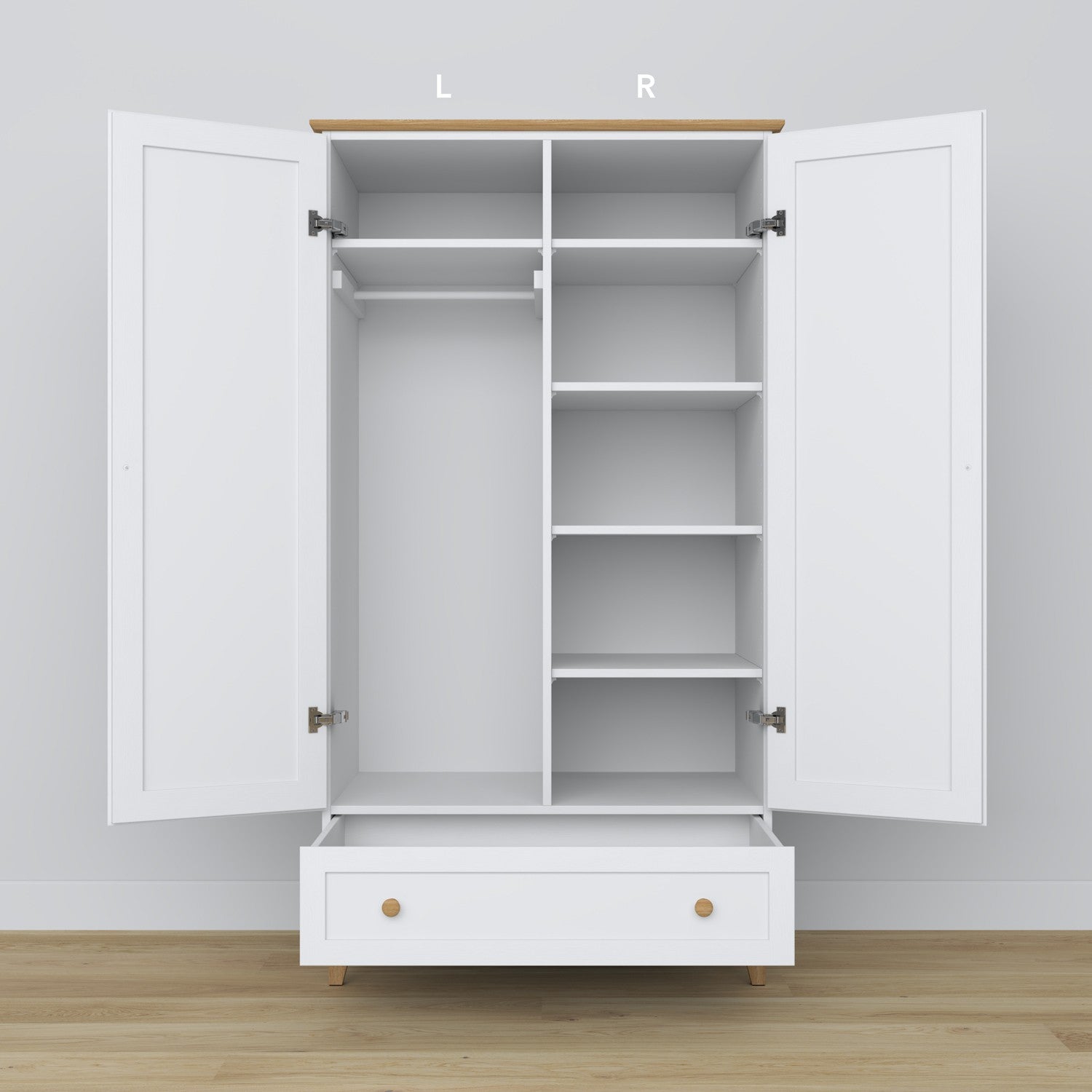 Armoire 2D1S blanc avec chêne – tiroir ouvert, rangement spacieux, en bois