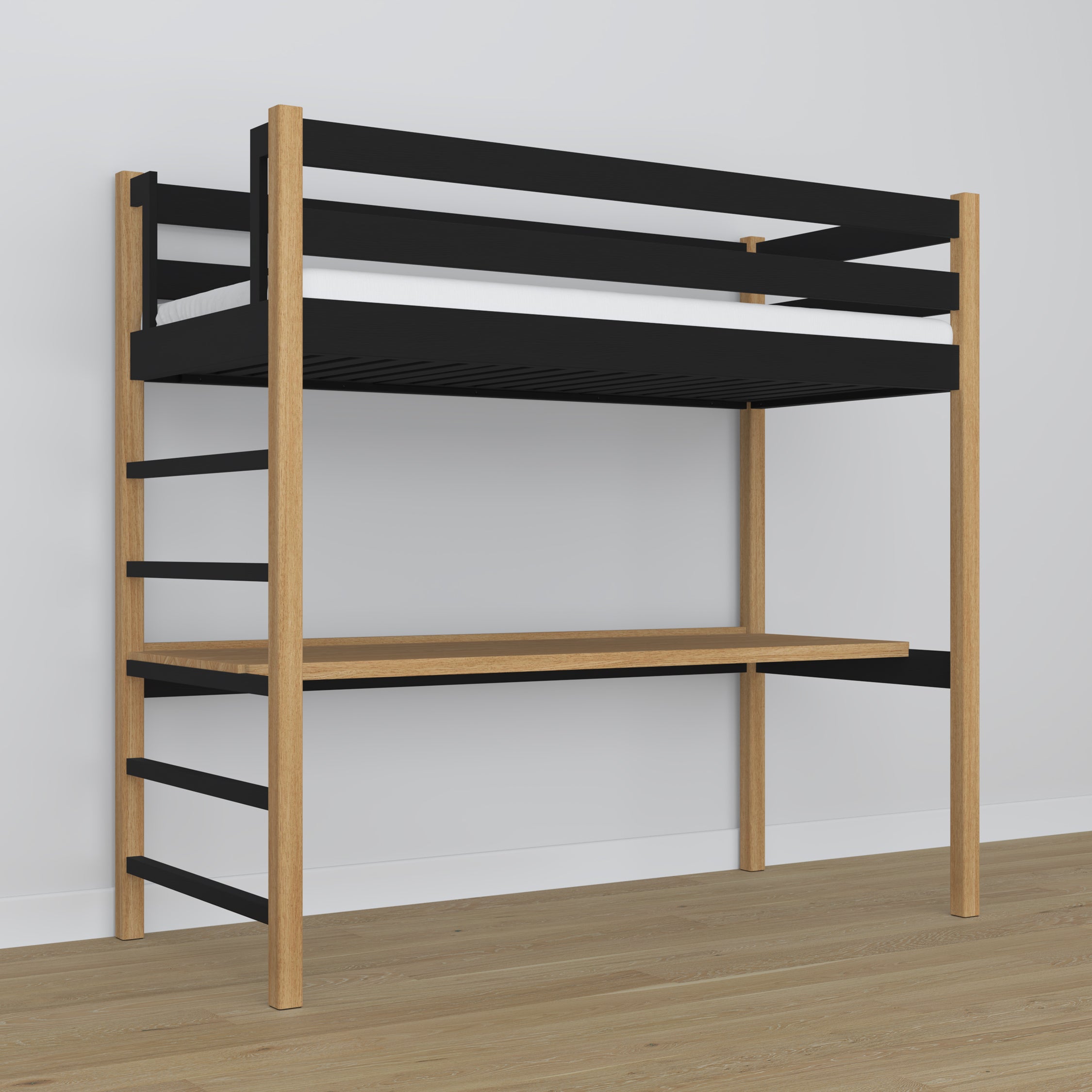 Hochbett mit Schreibtisch Schwarz-Eiche aus Holz – Maße, Nizio Home
