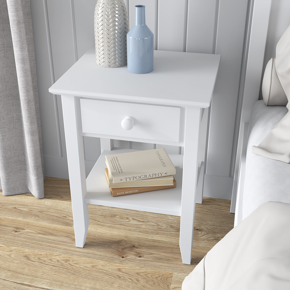 Table de chevet N01 blanc – plateau, gros plan na en bois, Nizio