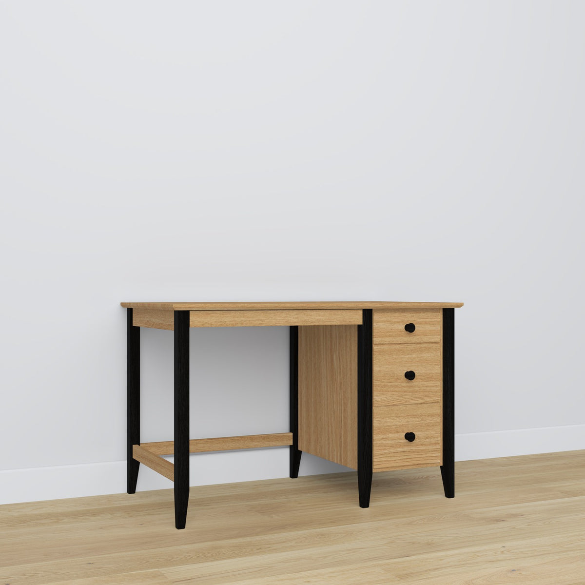 Bureau 3S chêne naturel avec noir – en chêne, plateau compact, vue frontale, Nizio