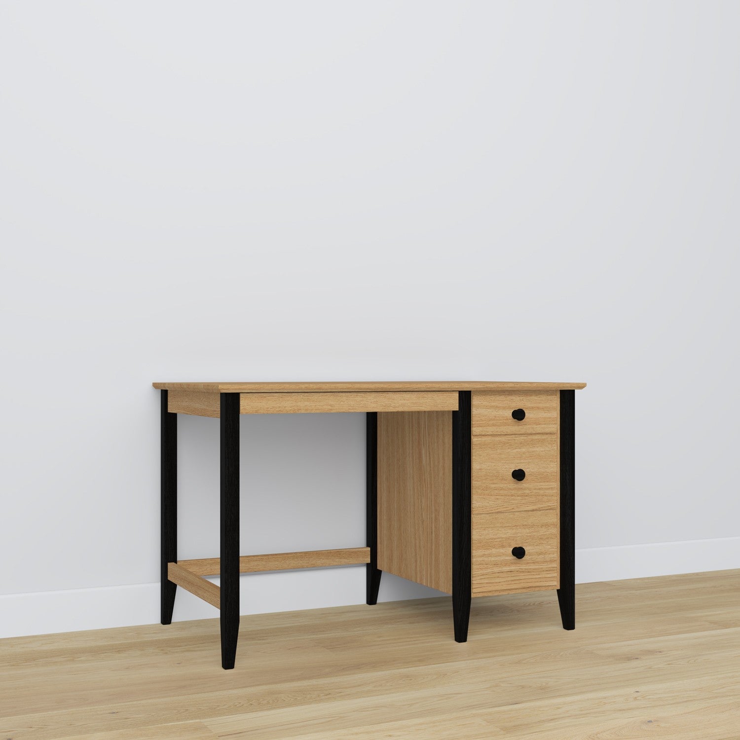 Bureau 3S chêne naturel avec noir – en chêne, plateau compact, vue frontale, Nizio