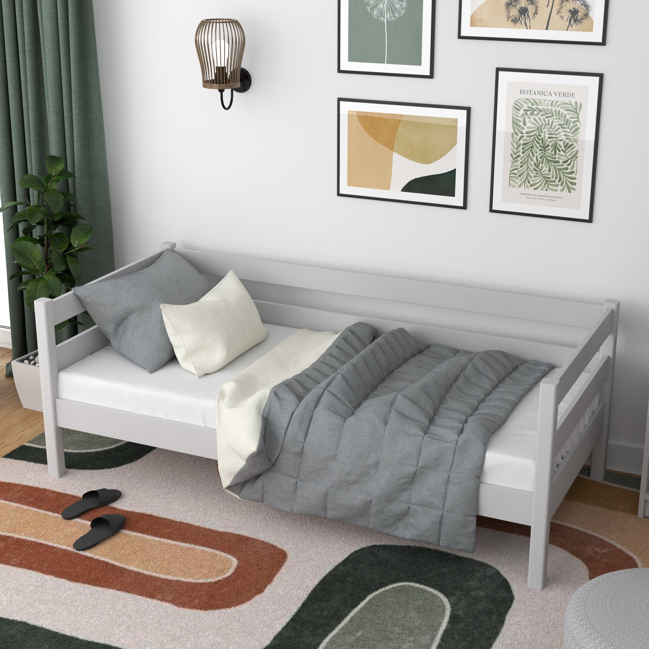 Bettsofa aus Holz Grau – Seitenansicht, Form und Proportionen des Möbelstücks
