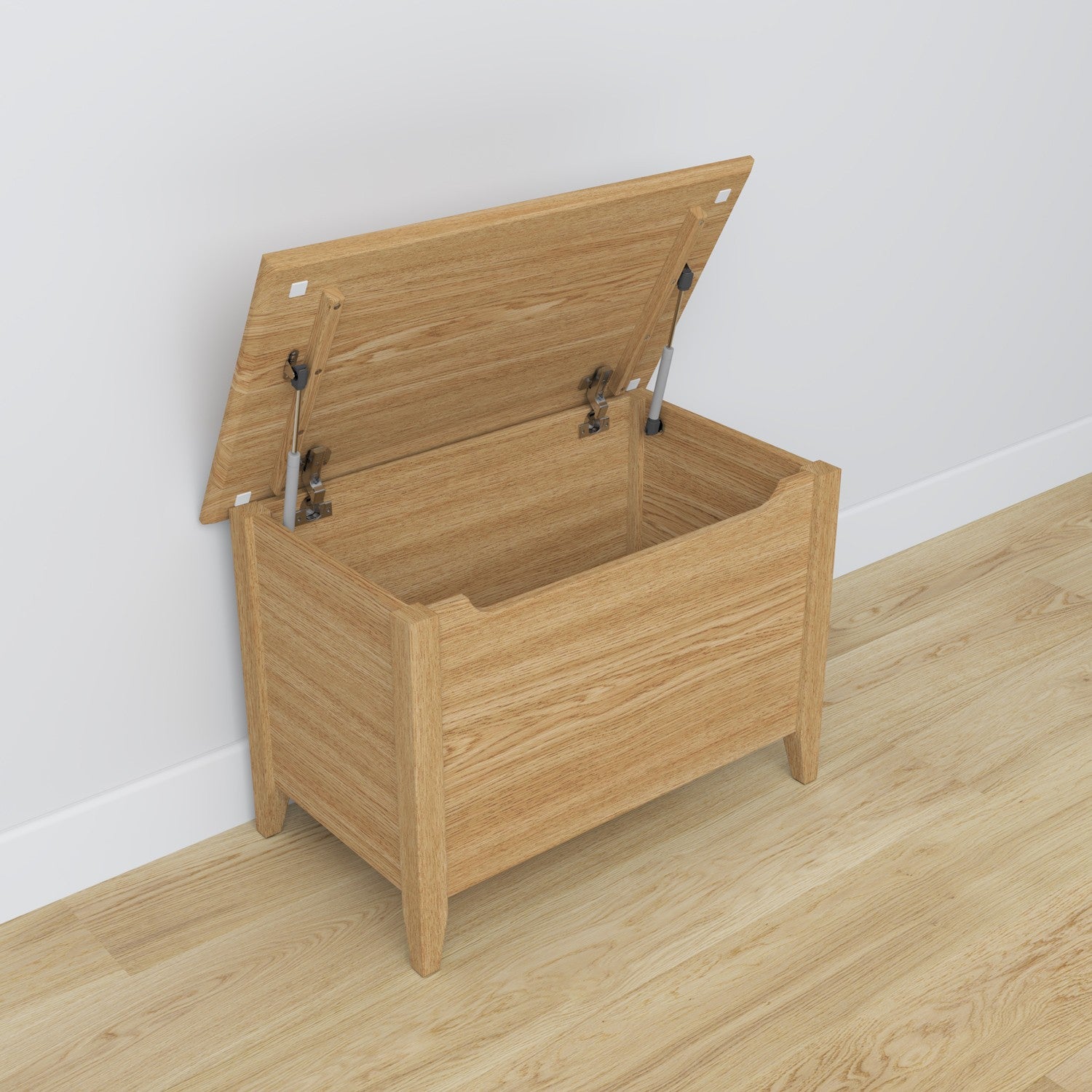 Coffre en chêne chêne naturel – couvercle ouvert, intérieur spacieux pour le rangement
